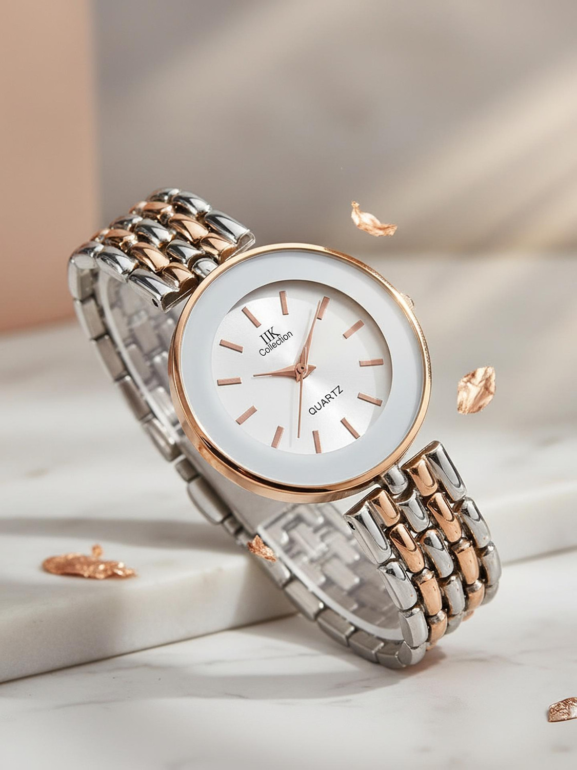 IIK Collection IIK-1047W Watches for Women Round White Studded Dial with Silver & RoseGold Bracelet Strap Analog Watch - For Women