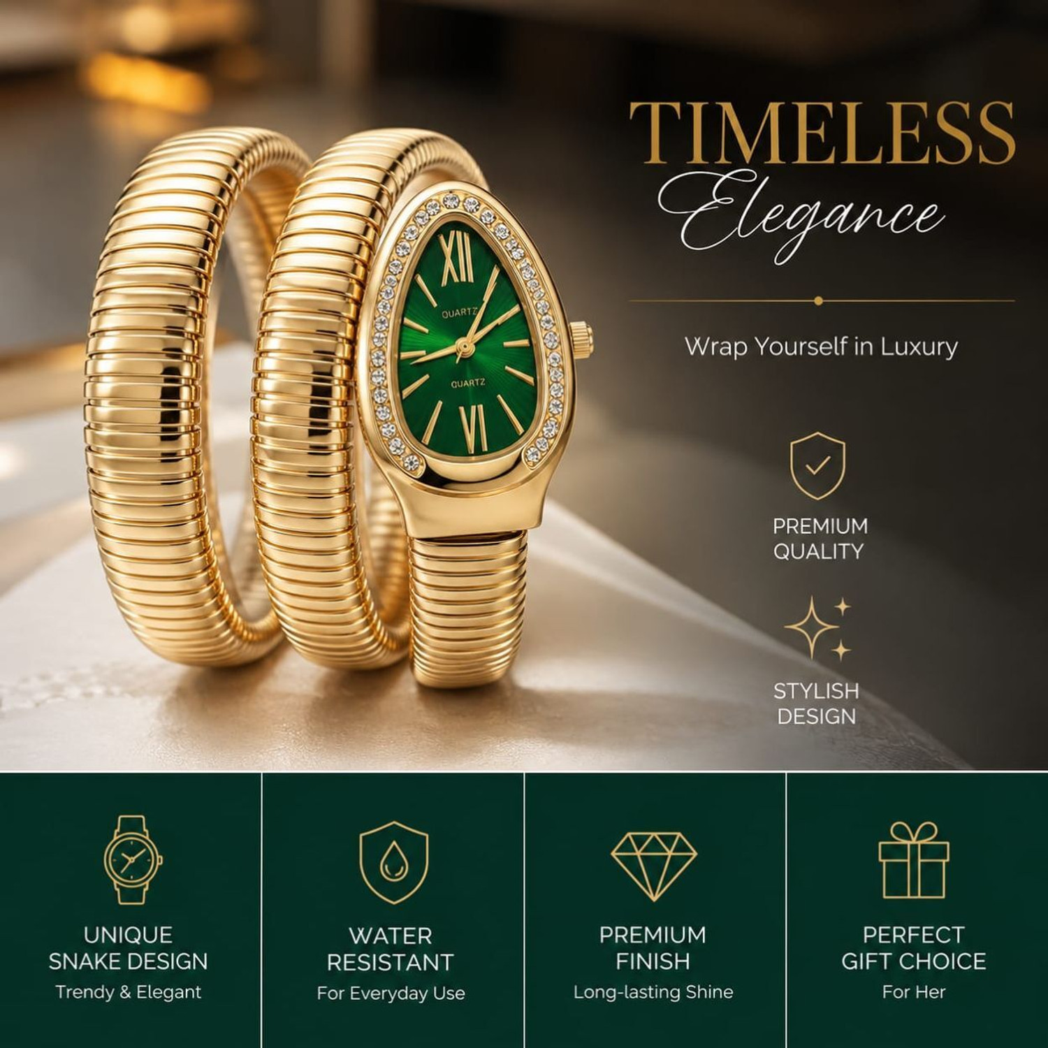 Image of TheHotPickz Snake Coil watch for women | Green Dial with Gold Strap Snake Watch Analog Watch - For Women