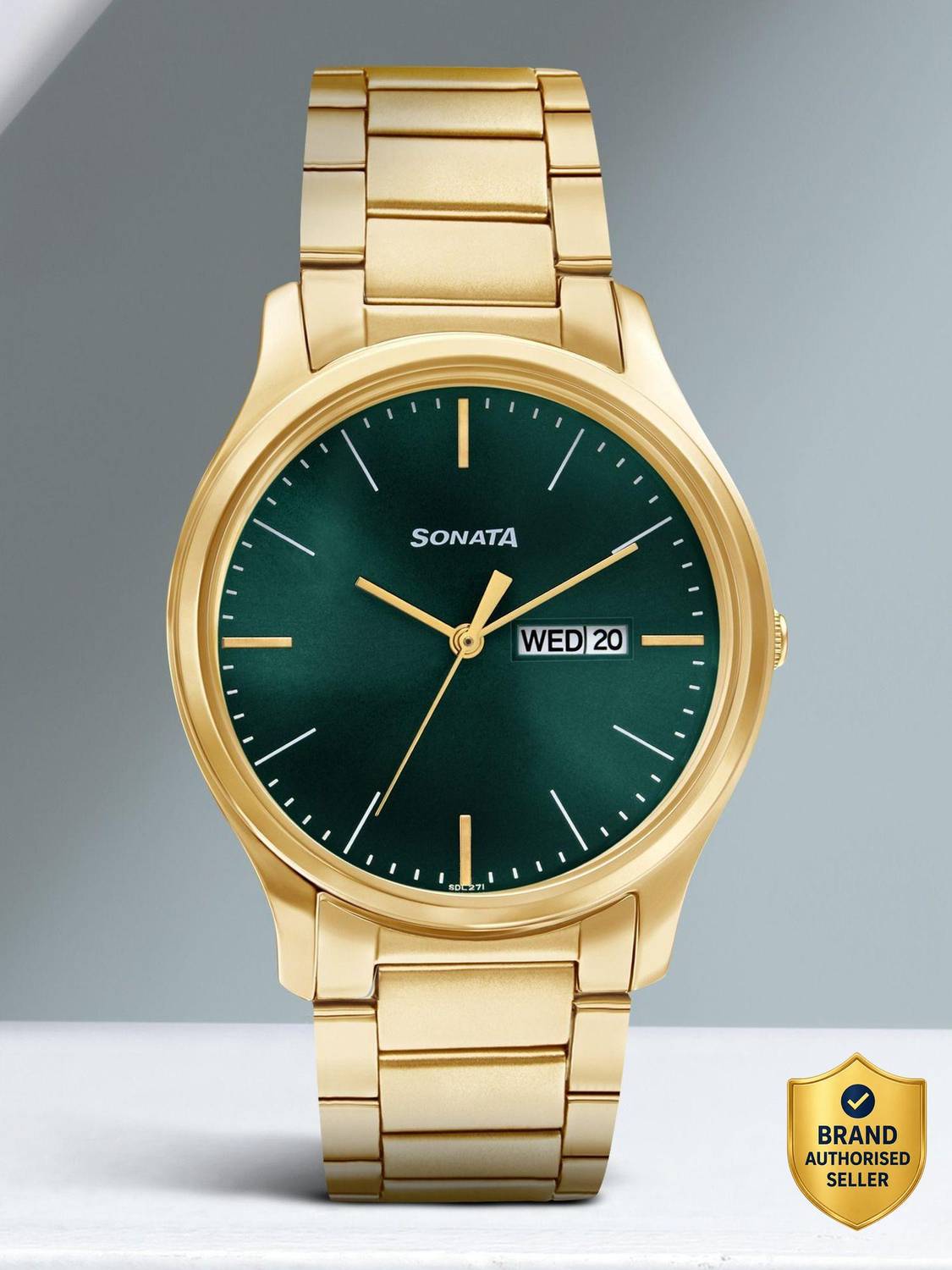 Sonata ESSentials Forest Green Dial Gold SS Strap Analog Watch