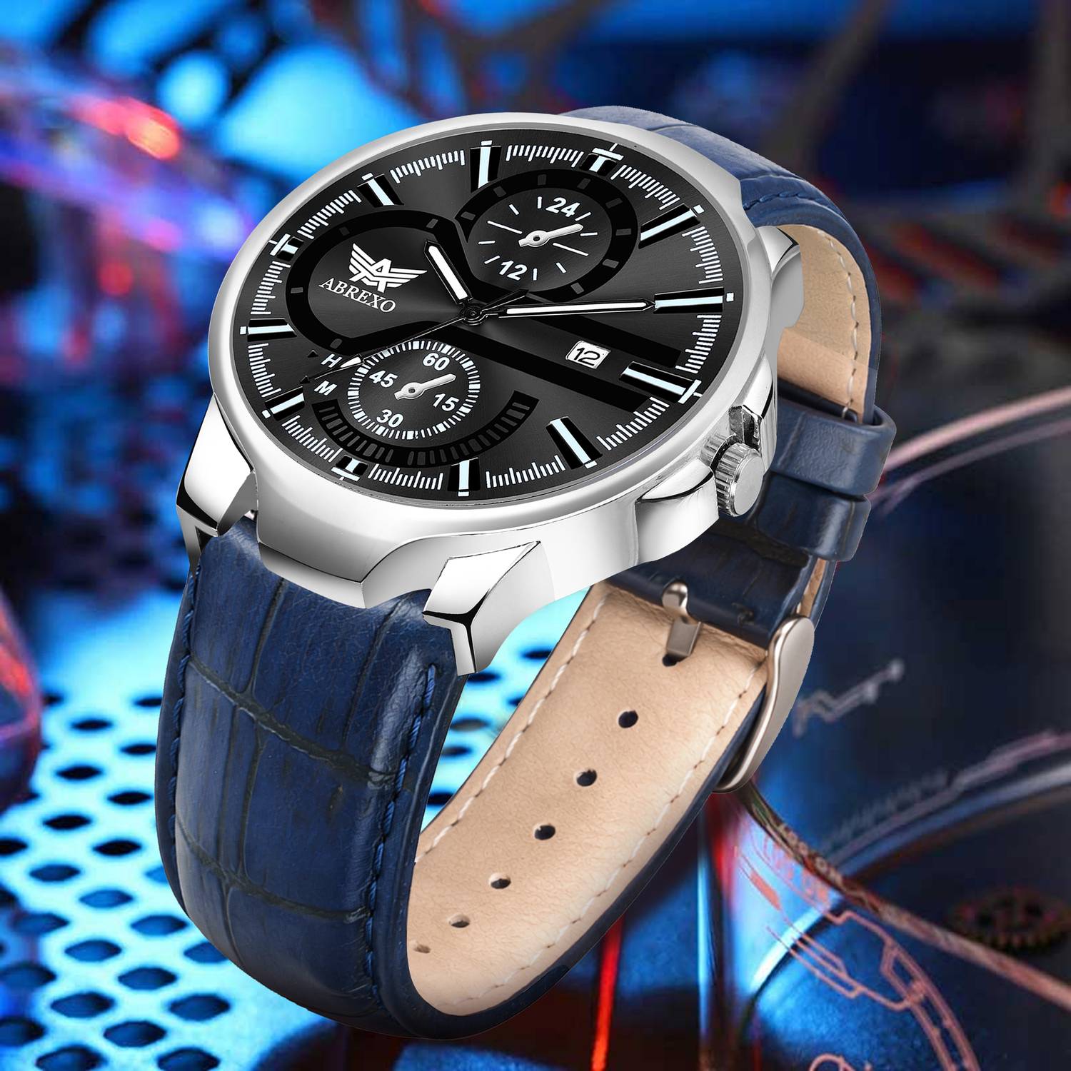 ABREXO Abx4031-SL Black Dial Blue Leather Strap Chronograph Look Black Dial Date Working Blue Leather Strap Watch For Boys Analog Watch  - For Men