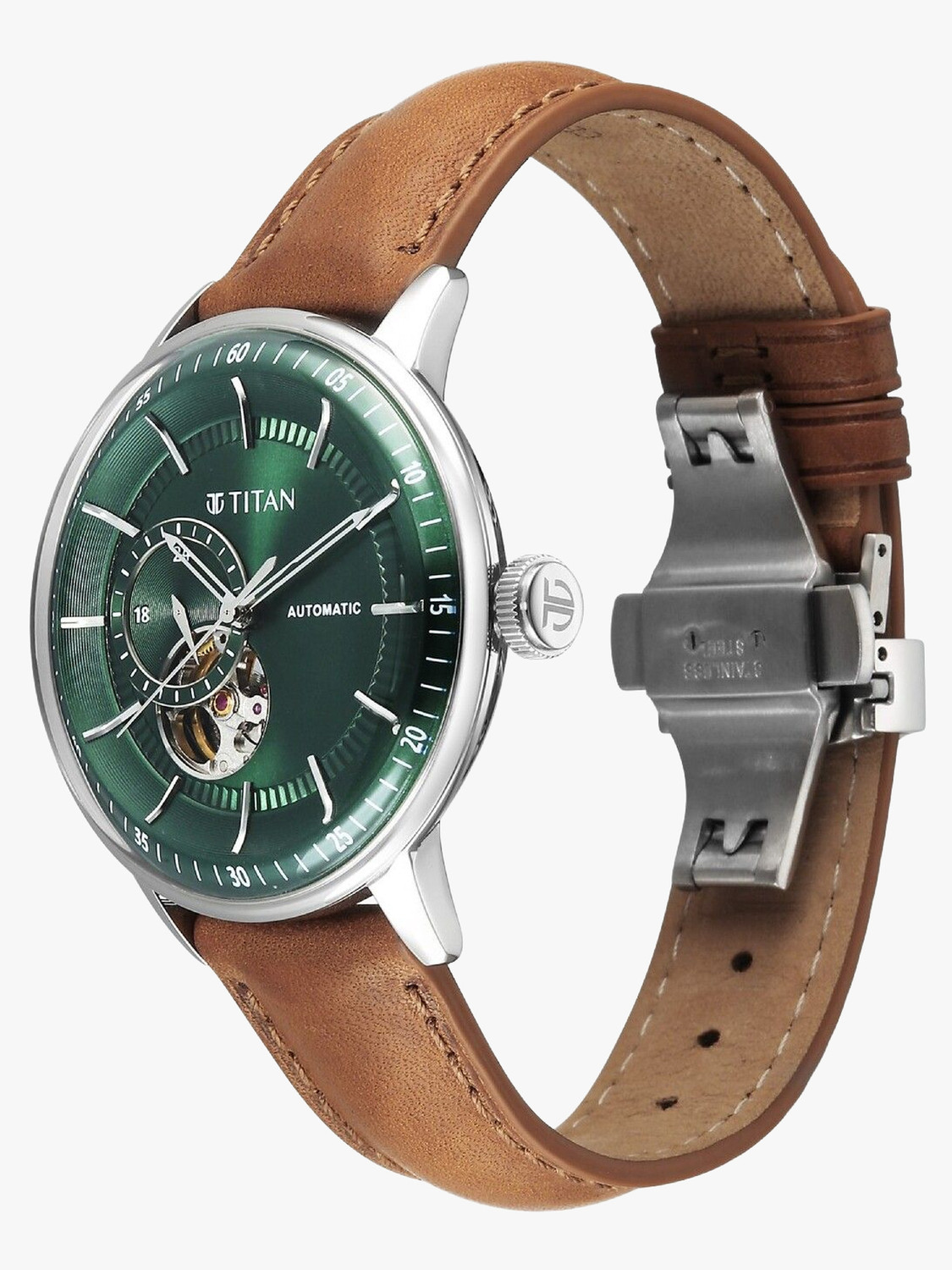 Image of Titan Orbital Open Heart Automatic Orbital Open Heart Automatic With Green Dial Brown Leather Strap Analog Watch - For Men