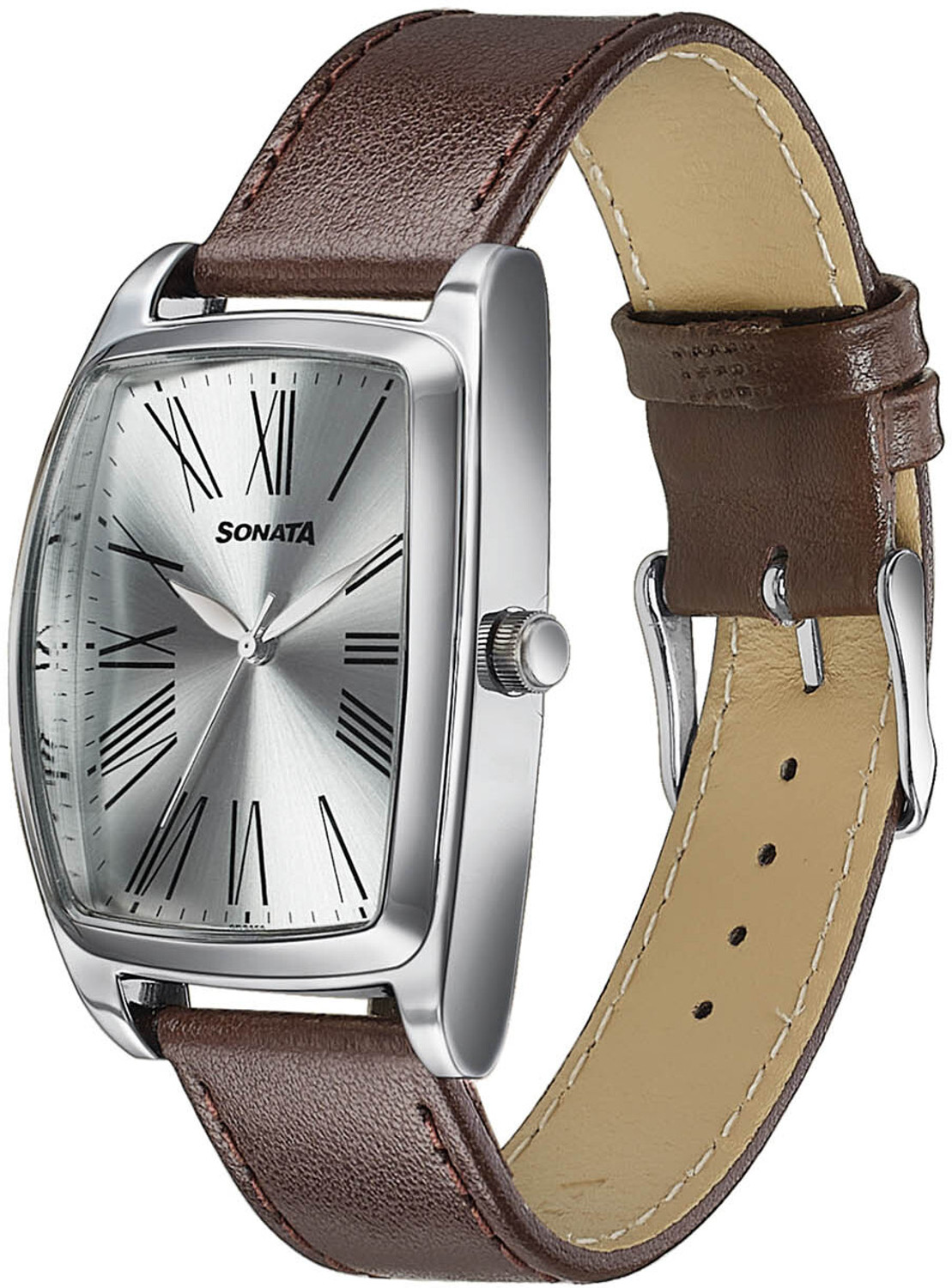 Image of SONATA Ascent Ascent Quartz Off white Dial Brown Leather Strap Analog Watch - For Men
