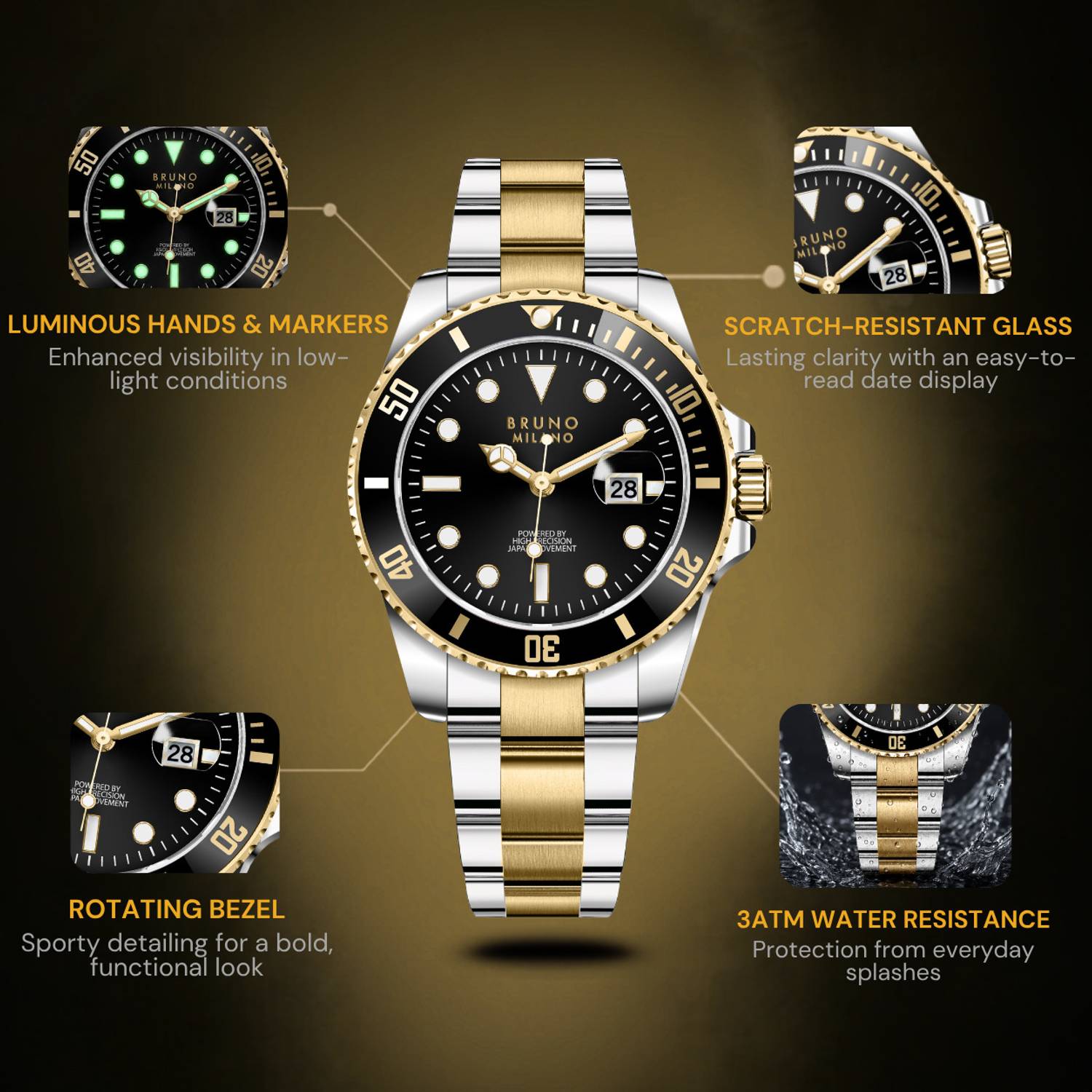 Bruno Milano Gold Black Stainless Steel Men's Watch - Image 4