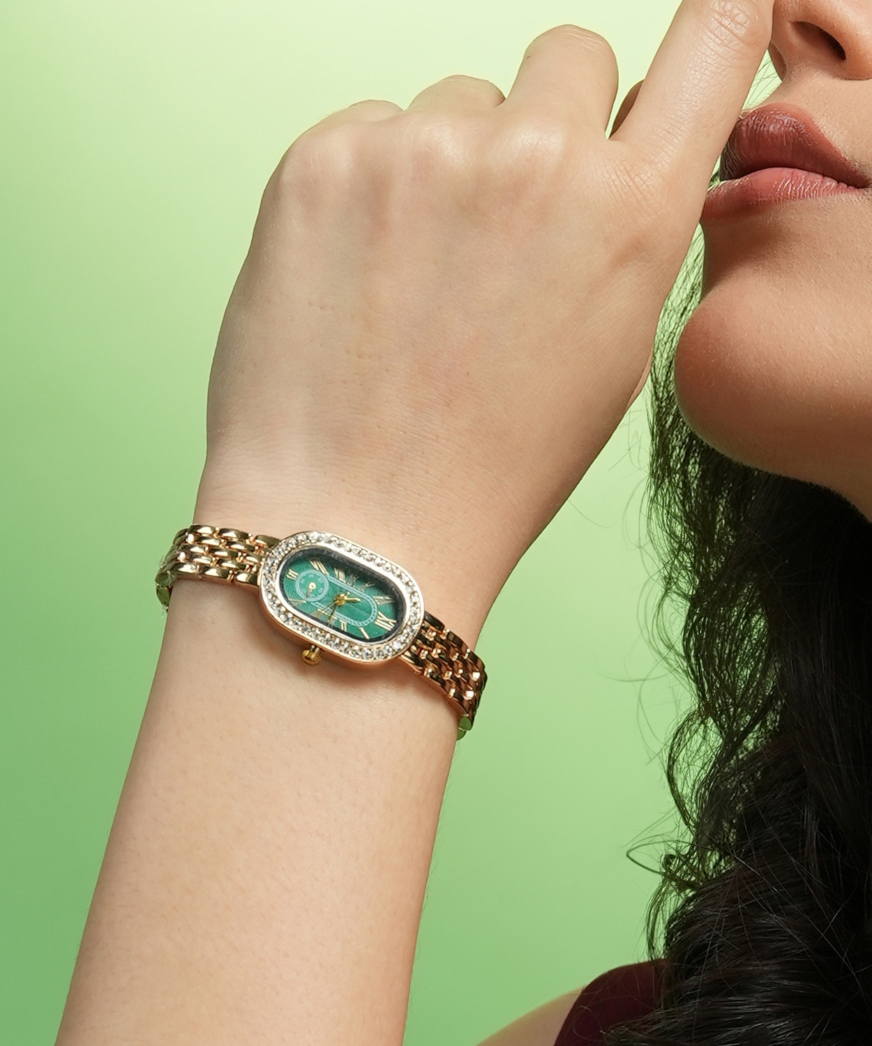 Image of Haute Sauce Women's The Embellished Roman Oval Watch - Emerald Green Analog Watch - For Women