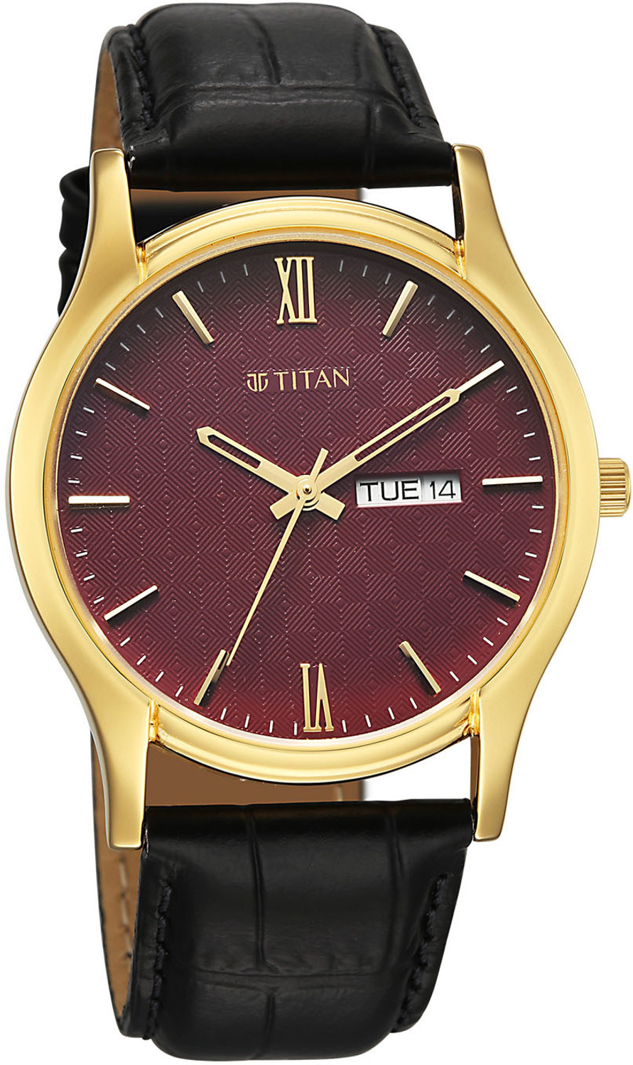 Image of Titan Karishma Gents Karishma Regal Classic Day-Date Green Dial Black LeatherStarp Analog Watch - For Men