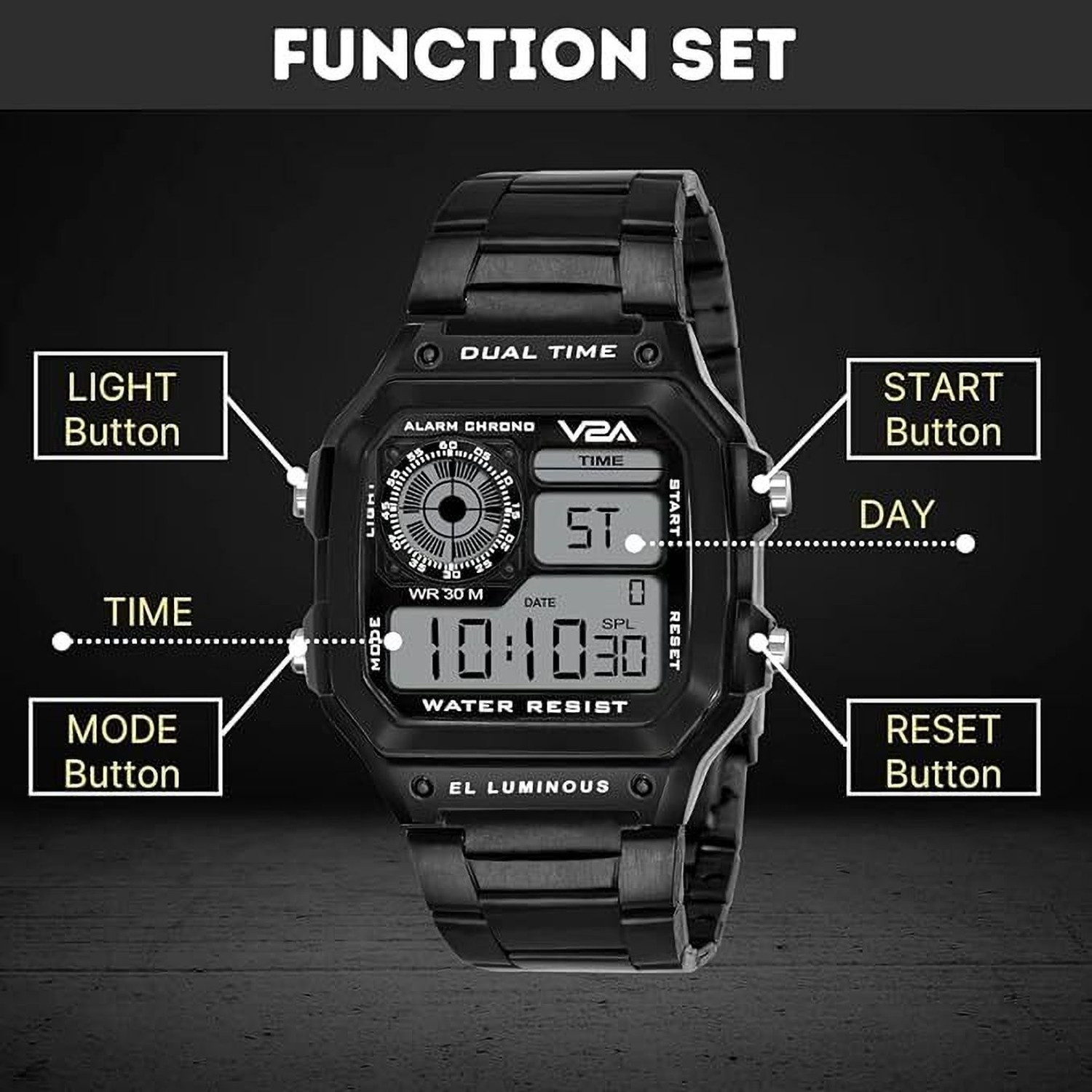 Image of V2A Stainless Steel Unisex Digital Sports Watch Multifunction Digital Watch - For Men