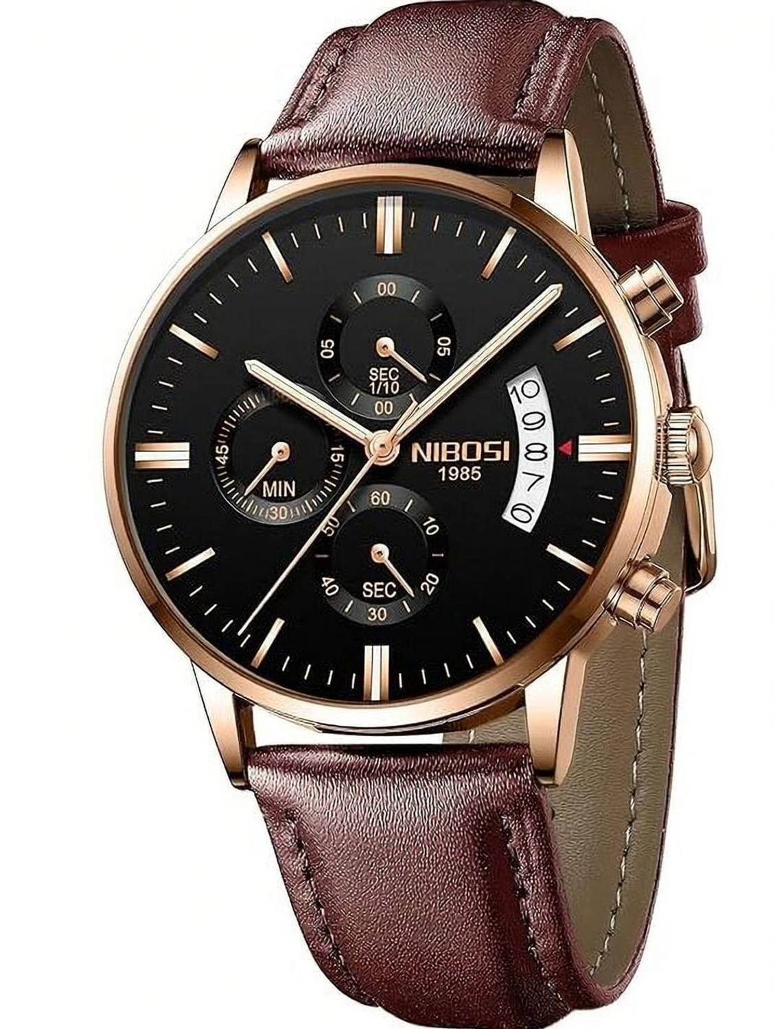 NIBOSI Chronograph Leather Strap Watch for Men - Image 1
