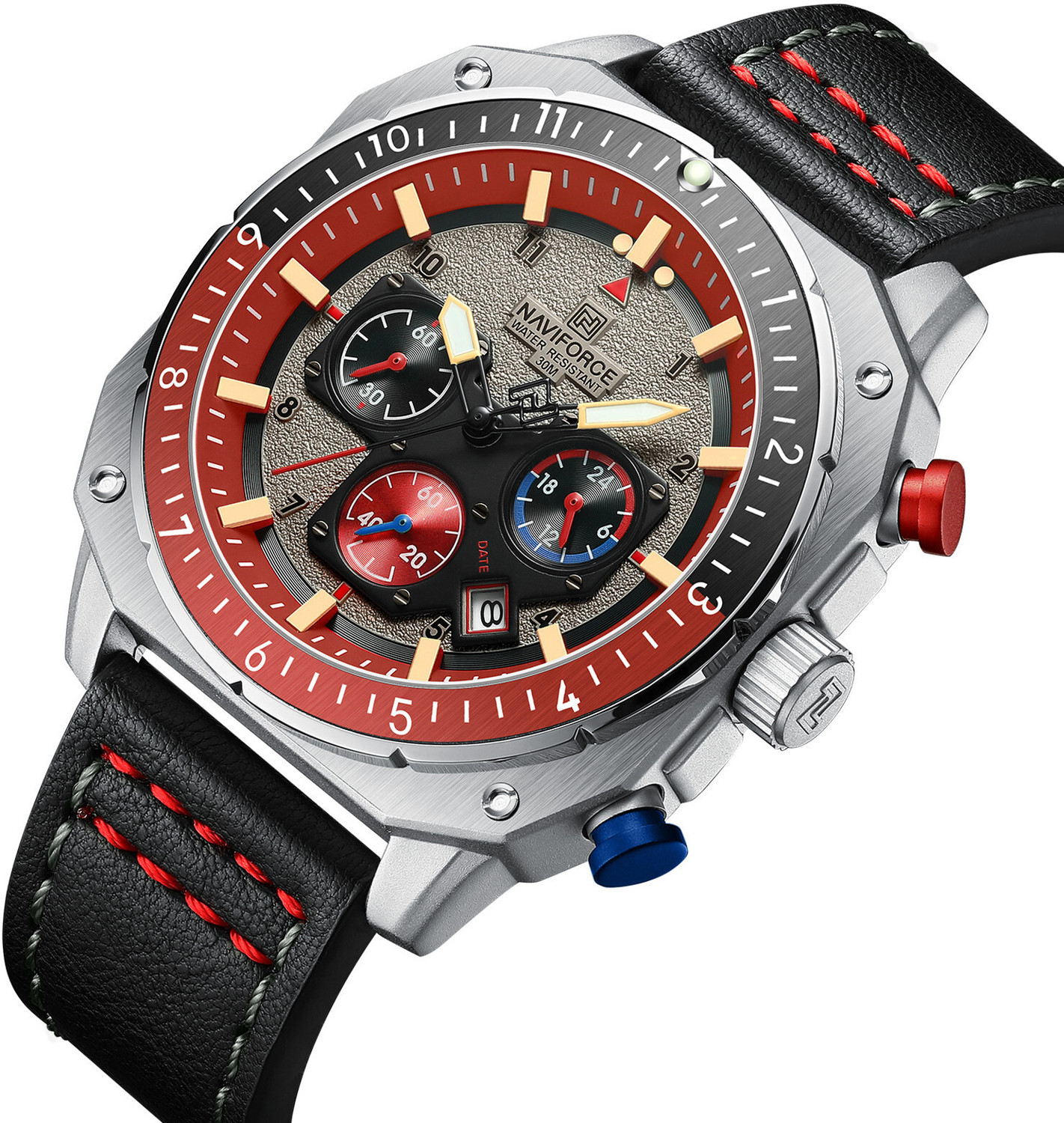Image of NAVIFORCE NF8057 Silver chronograph dial with black leather strap travel quartz Analog Watch - For Men