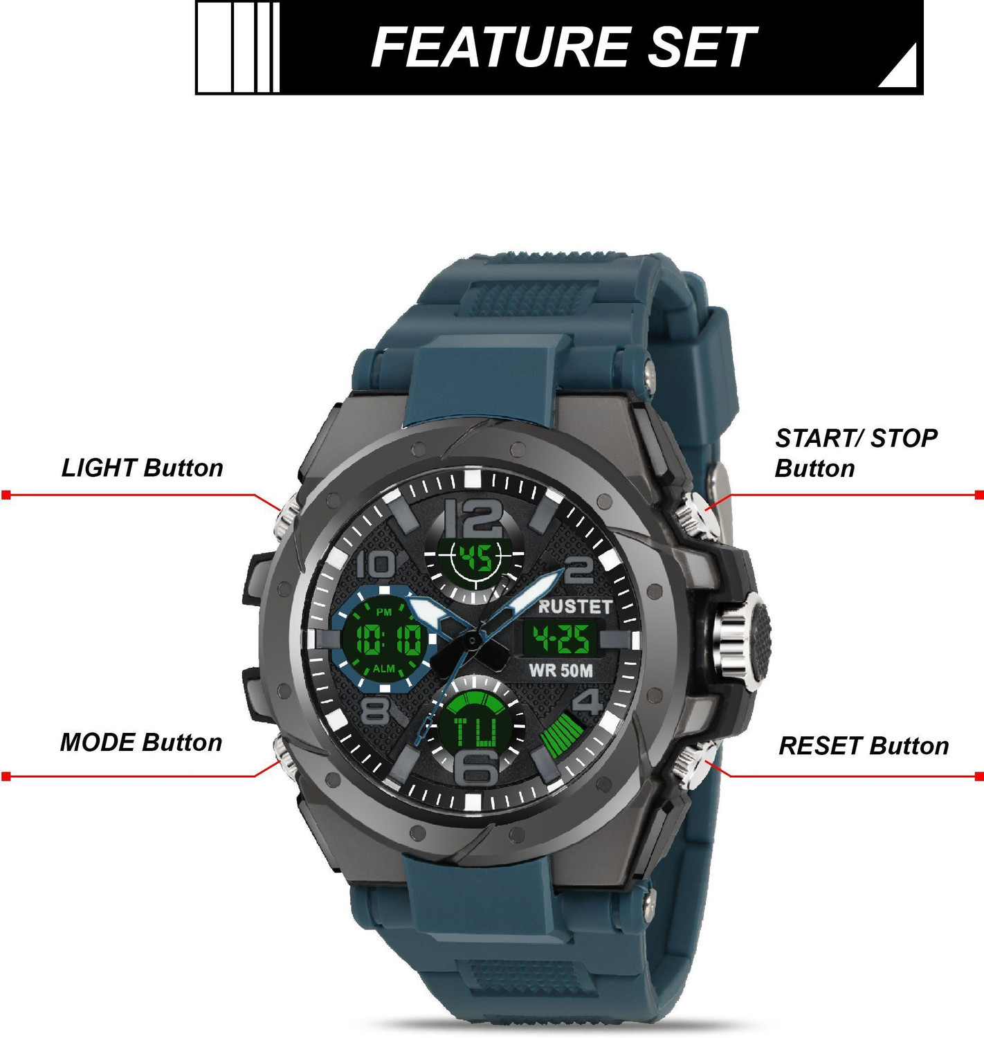 Image of RUSTET 2145 50m Waterproof Dual-Time Multifunction 12H / 24H Format Analog-Digital Watch - For Men