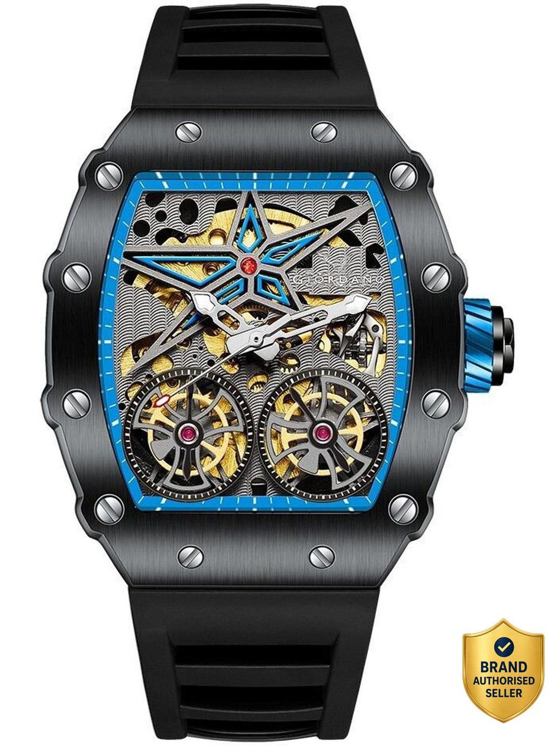 GIORDANO GZ-50128 Automatic Mechanical Skeleton Dial, Dual Gear Display,Silicone Strap Analog Watch - For Men