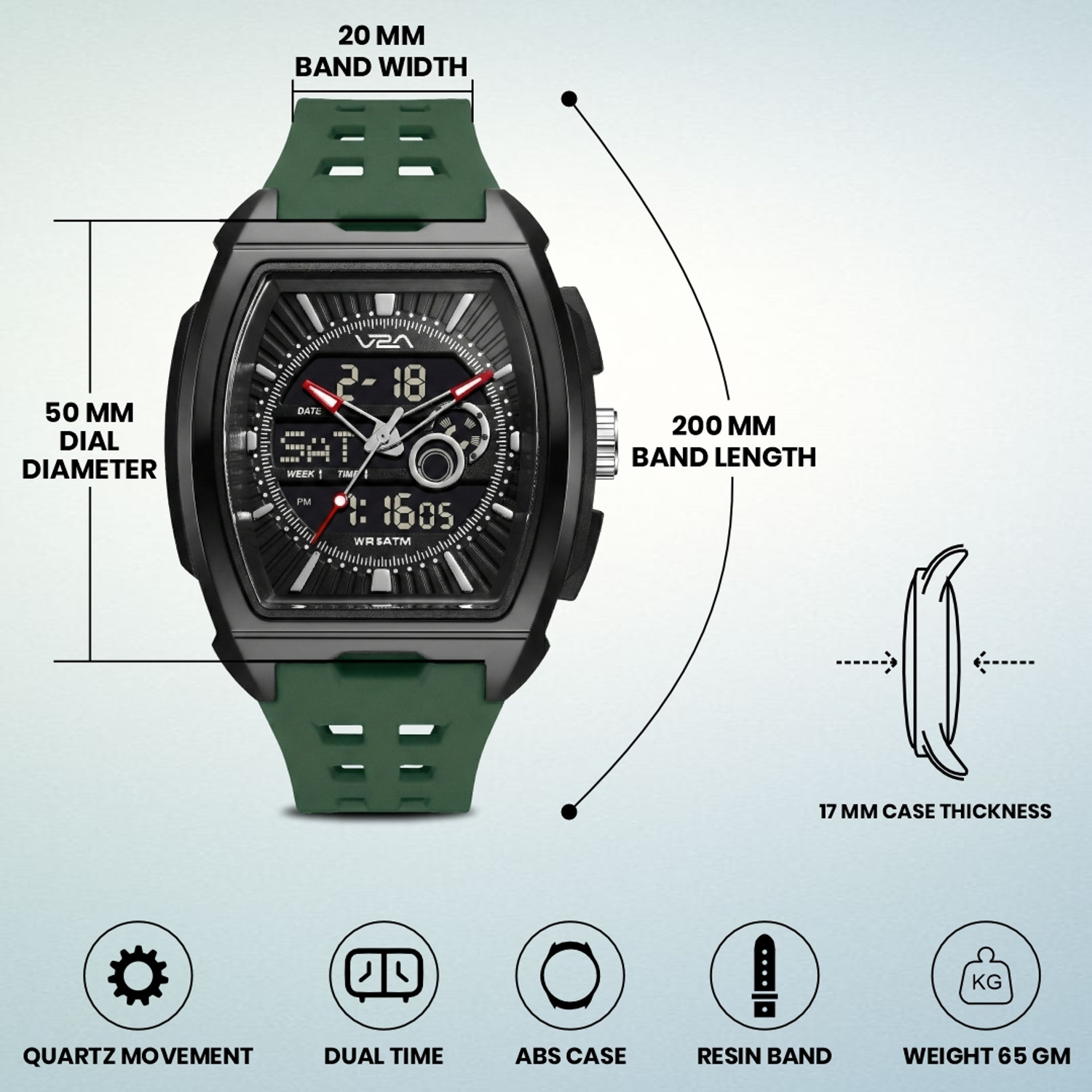 Image of V2A V2A Impact 50mm Analog Digital Watch for Men | Tonneau Sports Case Design Analog-Digital Watch - For Men