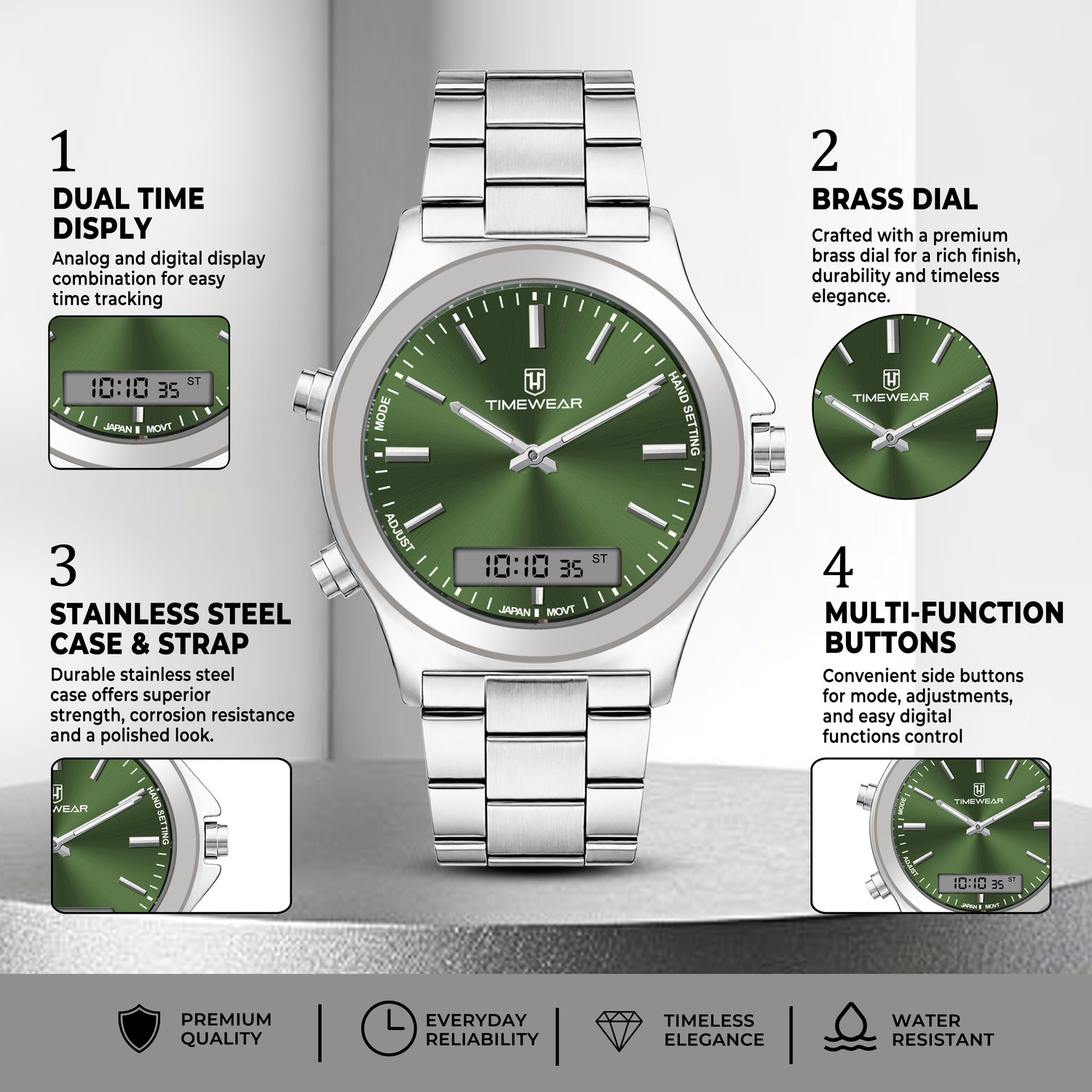 Image of TIMEWEAR 348GDTG TIMEWEAR Dualtime Green Dial Stainless Steel Chain Quartz Analog-Digital Watch - For Men
