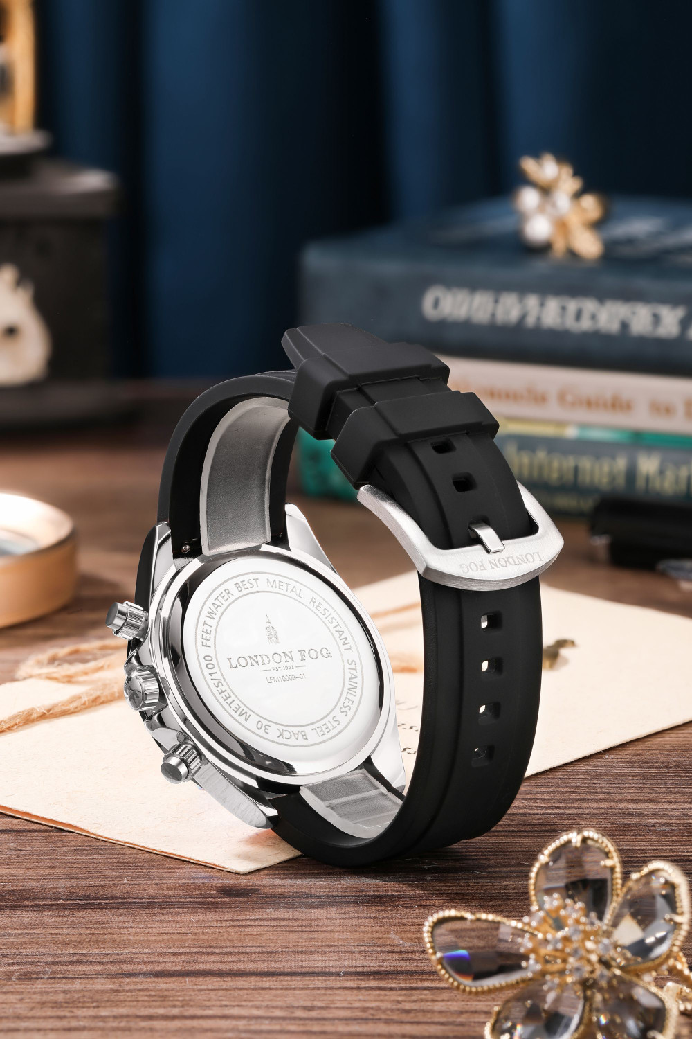 Image of London Fog Black Dial and Silicone Strap, Metal Case Tachymeter Bezel, Chronograph Function Bond Collection Black Dial Silicone Strap Tachymeter Bezel Chronograph Function Analog Watch - For Men