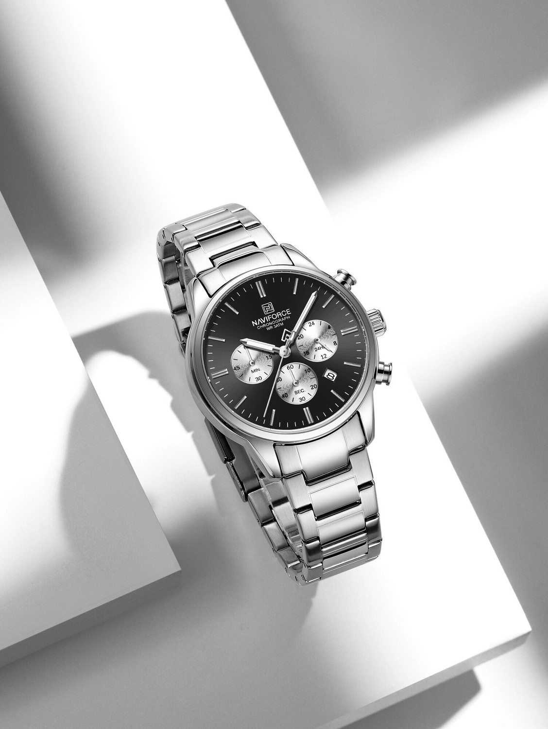 Image of NAVIFORCE NF8076 Classic Silver-Black Multifunctional Date Display Analog Watch - For Men