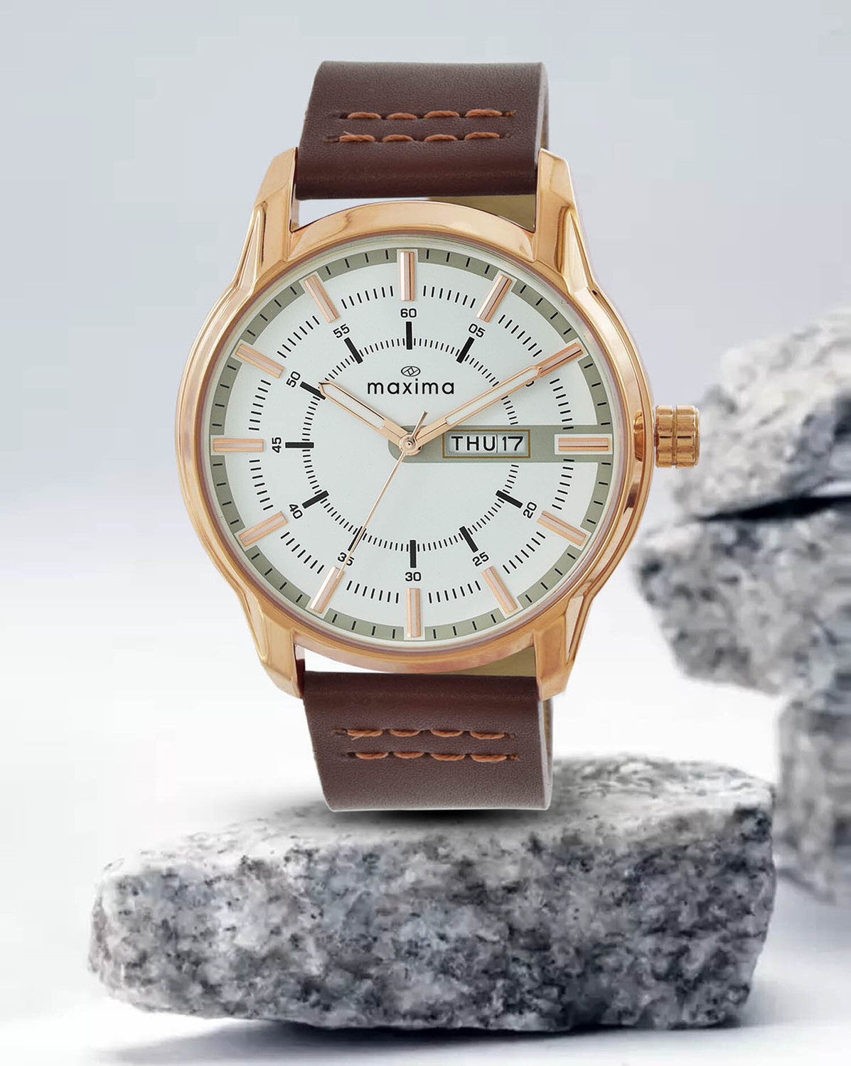 Image of MAXIMA Attivo White Rose Gold Dial, Day-Date,Water Resistant-3ATM, Brown Leather Strap Analog Watch - For Men O-68613LMGR
