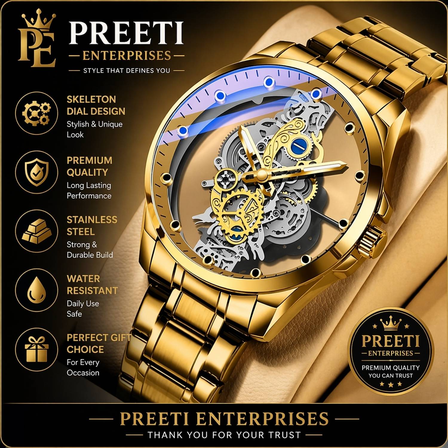 PREETIENTERISES Men's Skeleton Analog Watch - Image 1