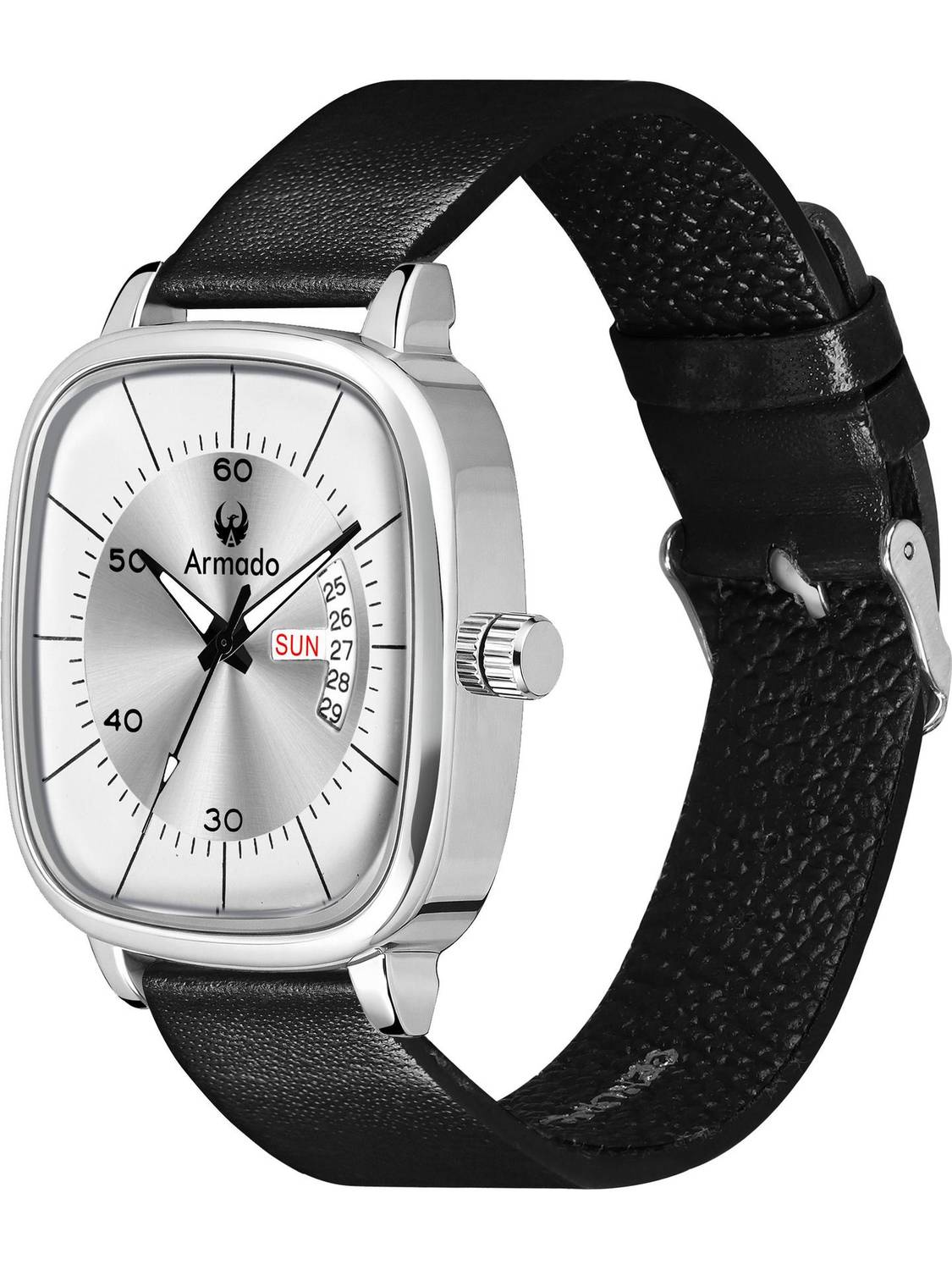 ARMADO AR-MH-1281503-Diamond Silver Armado Black Silver Cushion Dial Day & Date Working Genuine Leather Strap Analog Watch  - For Men