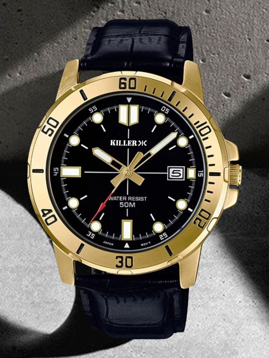 Image of KILLER Killer 7007 Golden Black Edition With Date on 3 Timewear 7007 Golden Black Edition With Date on 3 and Special Golden Hands Used Analog Watch - For Men