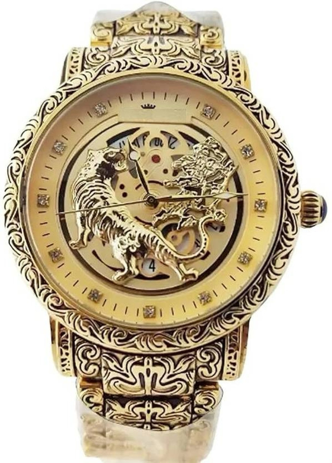 Image of FOREST Forest Luxury Lion Curved Golden Dial and Chain Men Wrist Watch Analog Watch Analog Watch - For Men