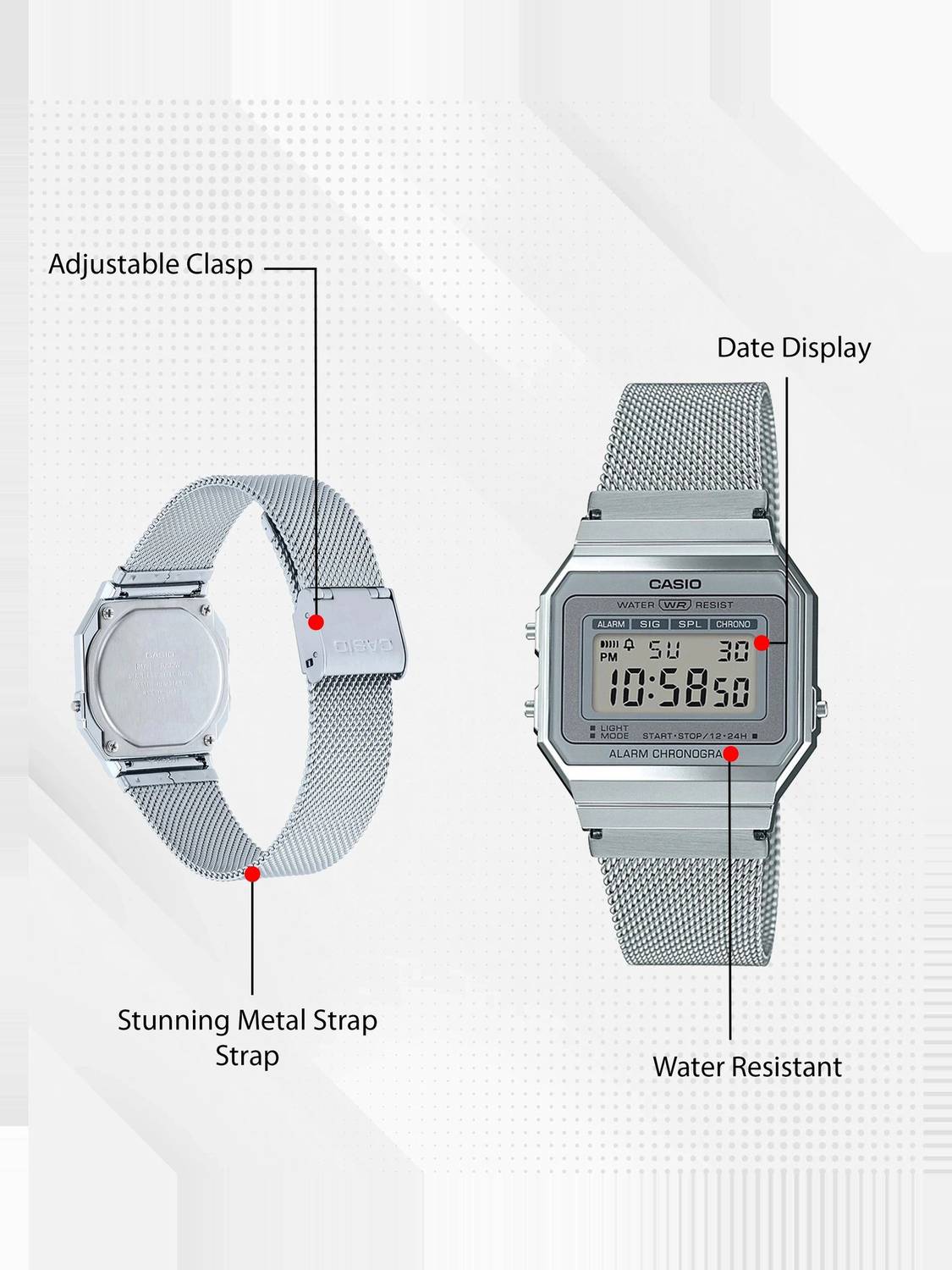 CASIO A700WM-7ADF Silver Mesh Band Digital Watch - Image 2