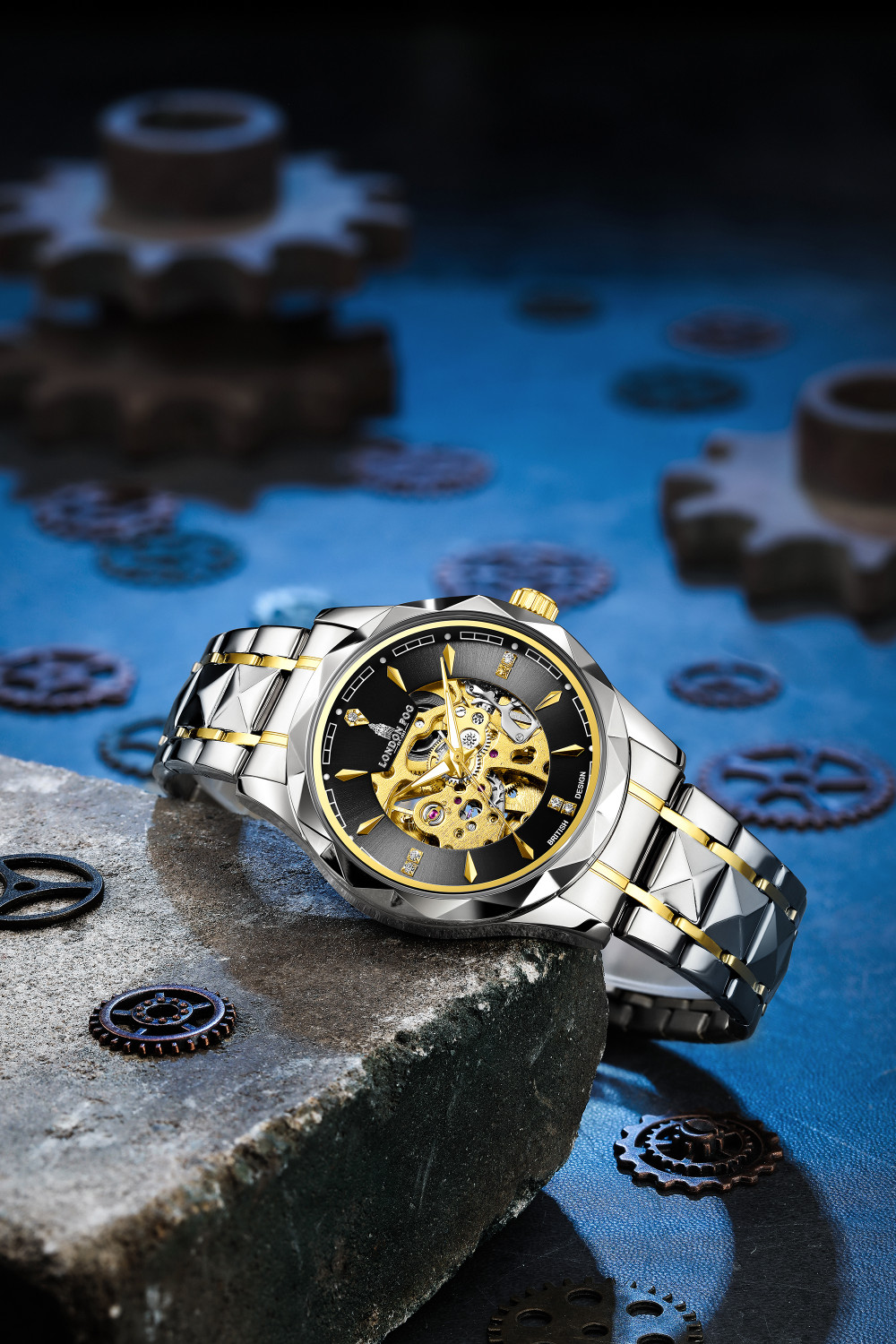 Image of London Fog Berkeley Collection Automatic Mechanical Skeleton Two-Tone Silver & Gold Strap Analog Watch - For Men LFM10025-11