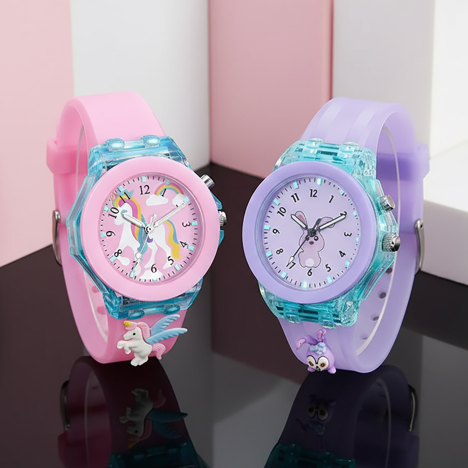 Image of DKERAOD Multicolor Lights 3D Cute Cartoon Watch Violet Bunny & Unicorn Watch Multicolor Lights 3D Cute Cartoon Multi Strap Kids Analog Watch - For Girls