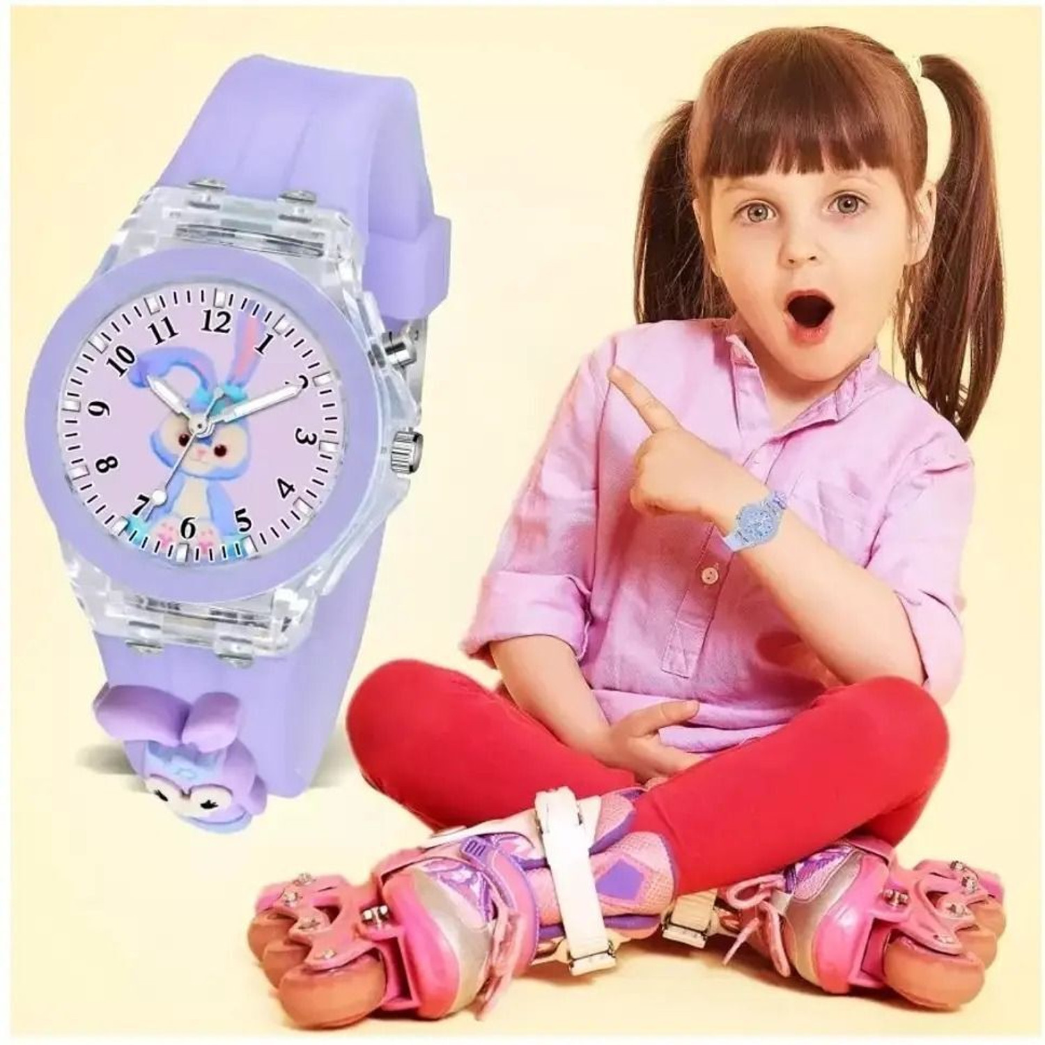Image of DKERAOD Multicolor Lights 3D Cute Cartoon Watch Violet Bunny & Unicorn Watch Multicolor Lights 3D Cute Cartoon Multi Strap Kids Analog Watch - For Girls