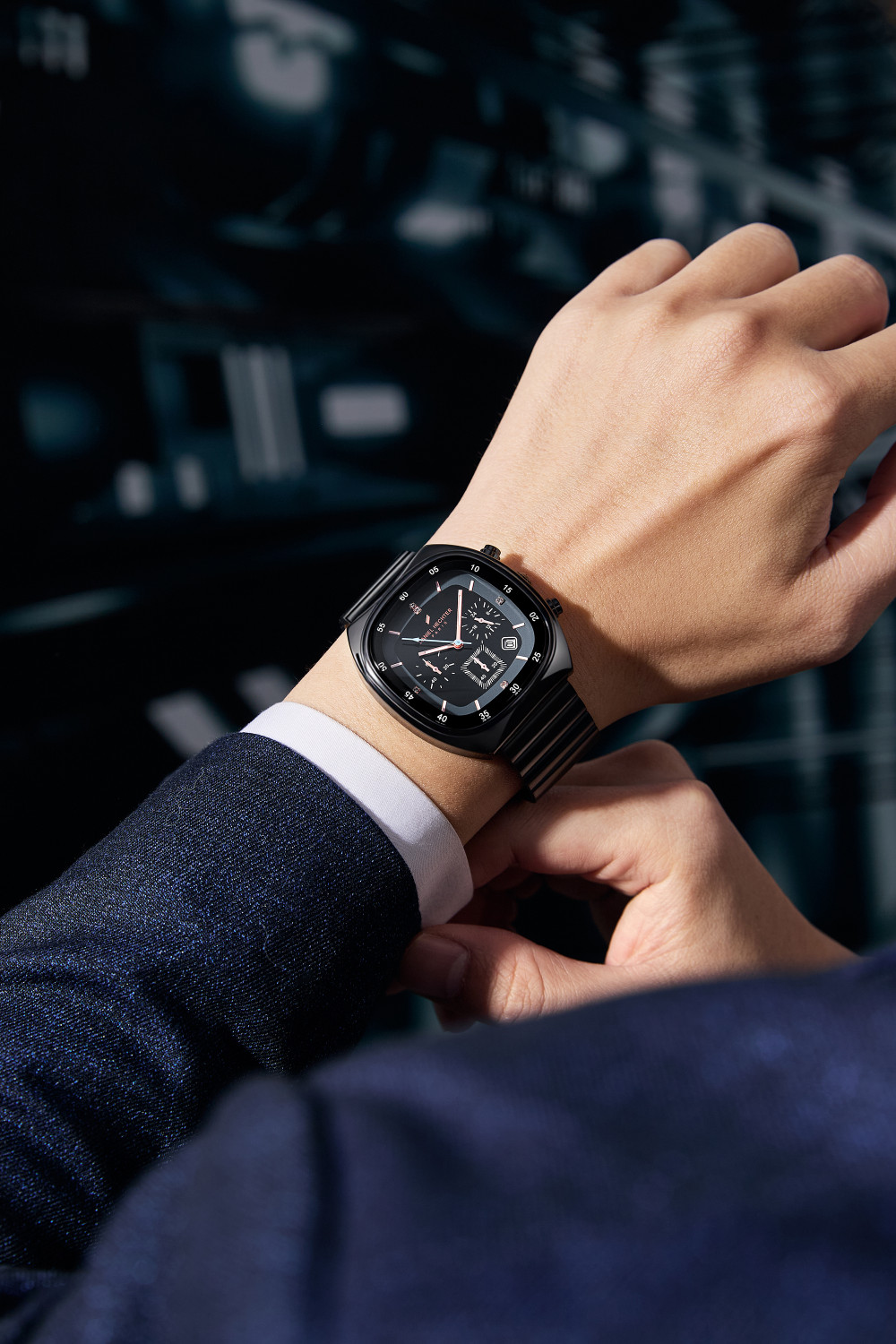 Image of DANIEL HECHTER Model DHM1001 Paris Bercy Collection Modern Multi Functional Square Dial and Stainless Strap Analog Watch - For Men