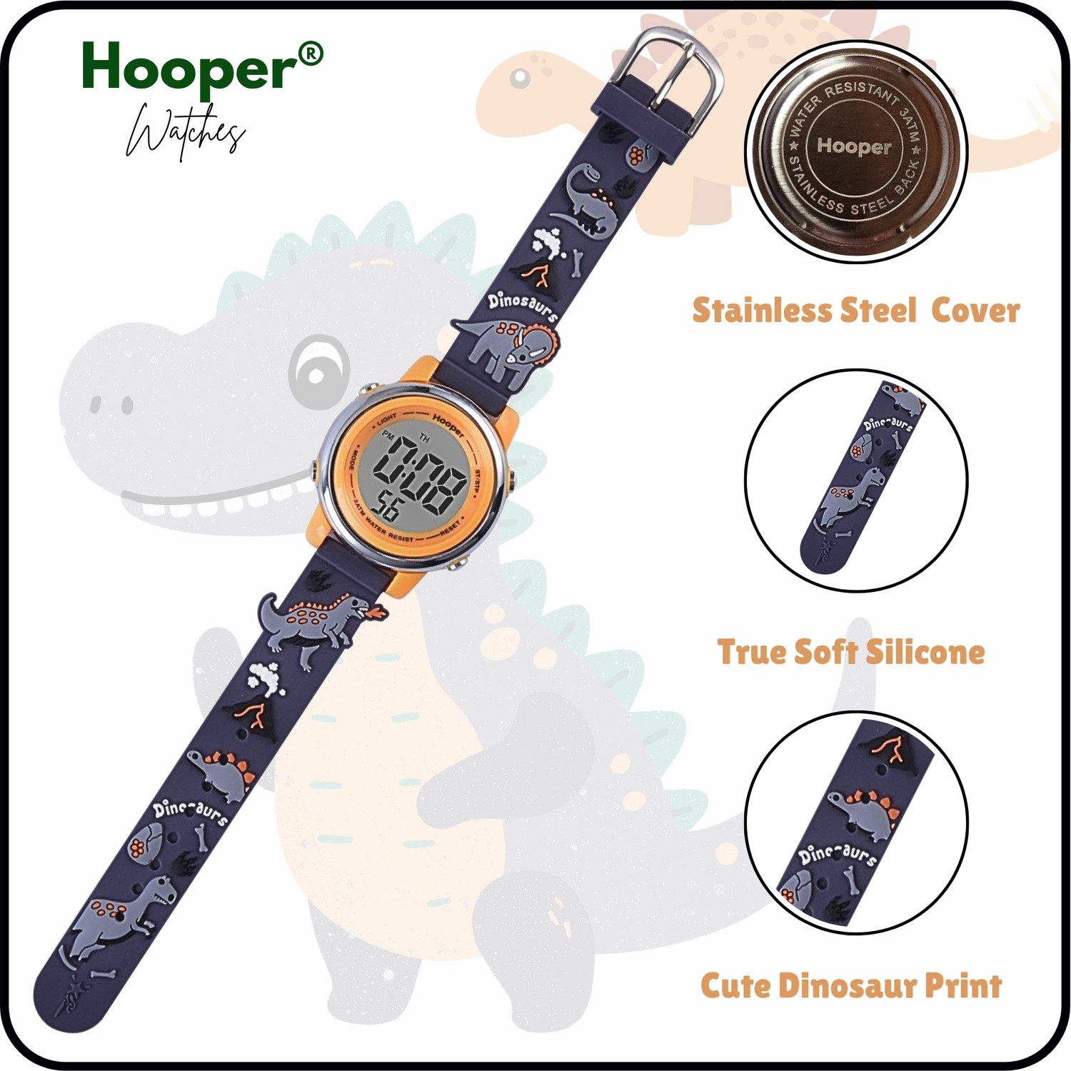Image of Hooper Dinosaur Grey 3D Hooper 3D Kids Digital Watch, 7‑Color LED, Soft Silicone Strap, Age 5-10 Digital Watch - For Boys