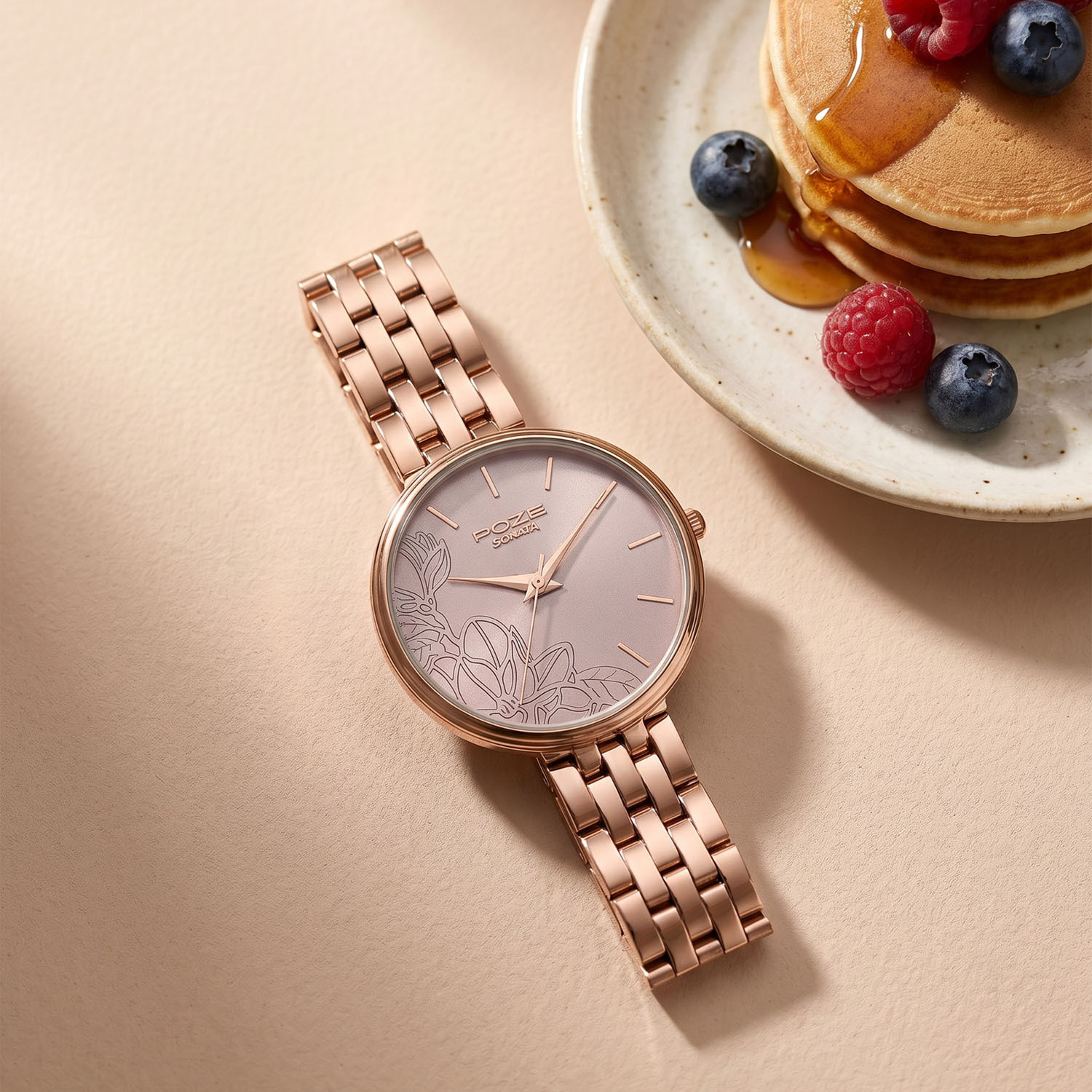 Image of SONATA Poze Drop 9.2 Poze 9 Quartz Beige Dial IPRG SS sheet metal Strap Analog Watch - For Women