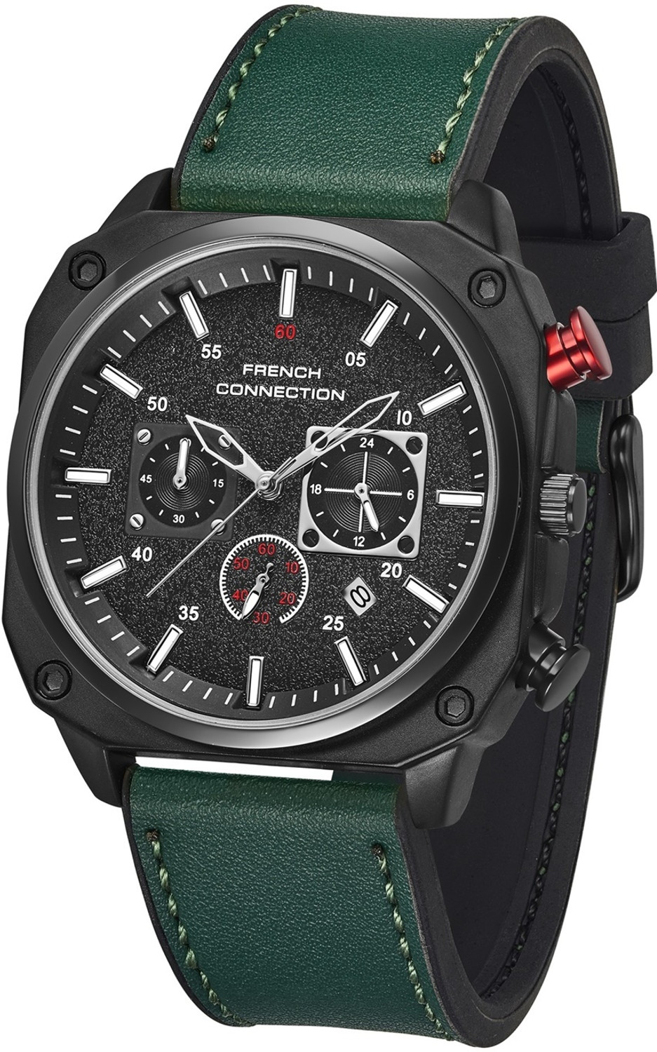 Image of French Connection Black Pattern Contemporary Dial | Green Silicone Chronograph Watch for Men Analog Watch - For Men