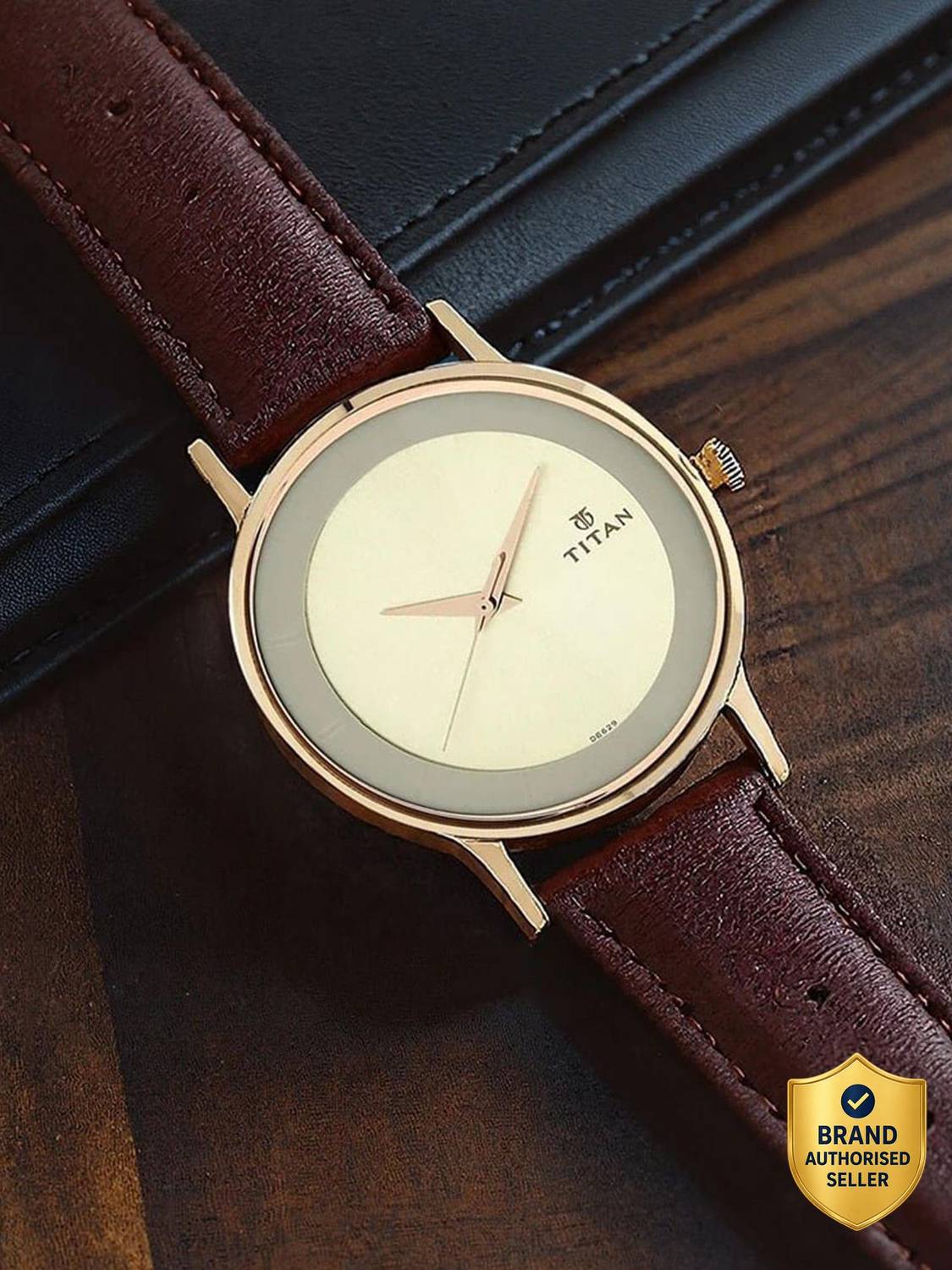 Titan Quartz Champagne Dial Brown Leather Strap Analog Watch