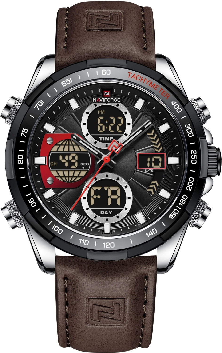 Image of NAVIFORCE NF9197L-SWBK Professional look brown leather strap Analog-Digital Watch - For Men