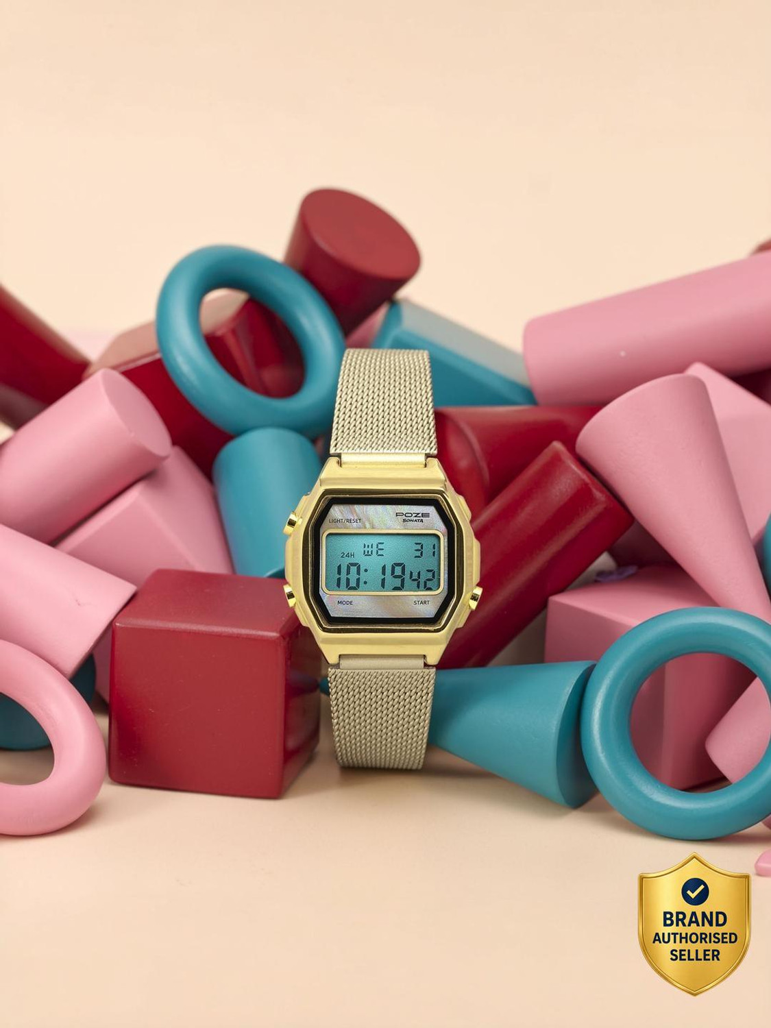 Image of SONATA Poze 8 Sonata Poze 8 Quartz Beige Dial Beige Mesh Strap Digital Watch - For Women