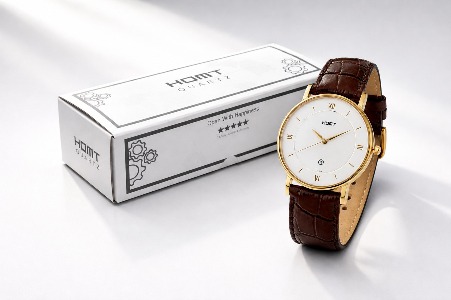 Image of HMT Quartz HMT date watch leather belt men's watch HMT white dial date display quartz analog watch for men Analog Watch - For Men