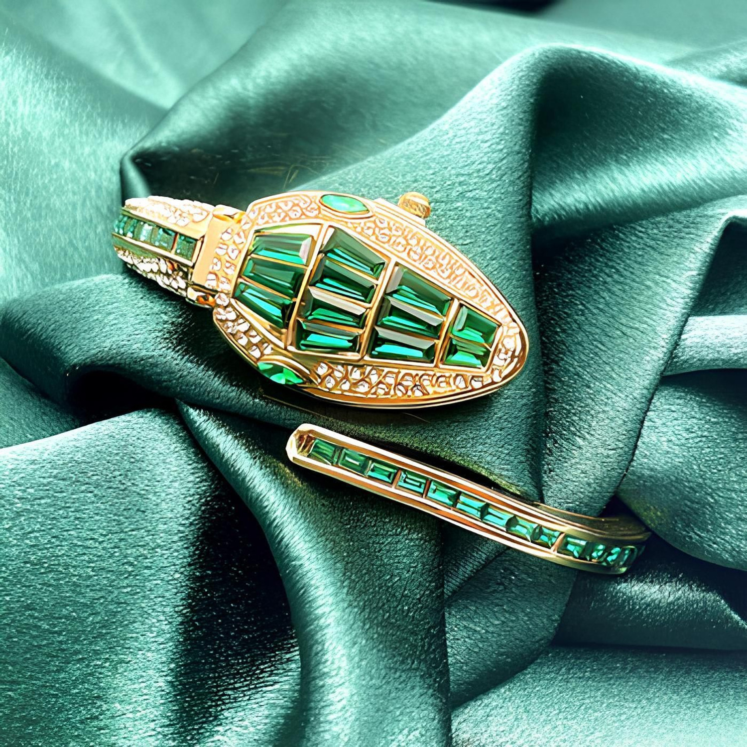 Image of Treviyaa VINTAGE Luxury Snake Watch for Women Gold Plated Bracelet with Green Crystal Dial Analog Watch - For Women