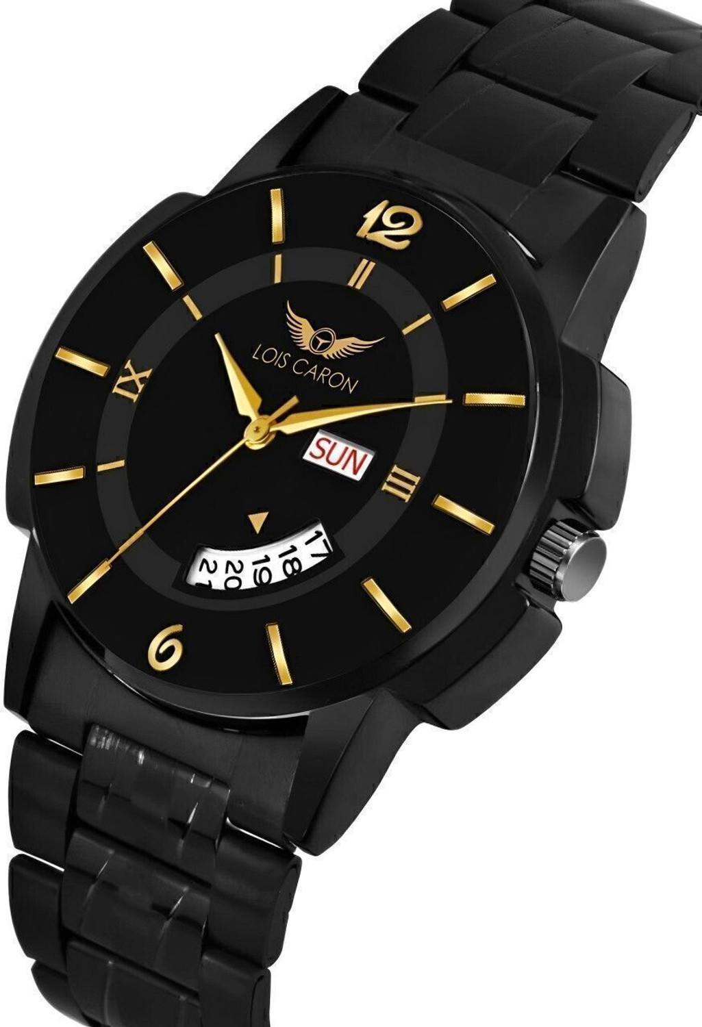 Image of LOIS CARON LCS-8573 Black Dial Gold Marker Day & Date Functioning Long Life Black Plated Chain Analog Watch - For Men