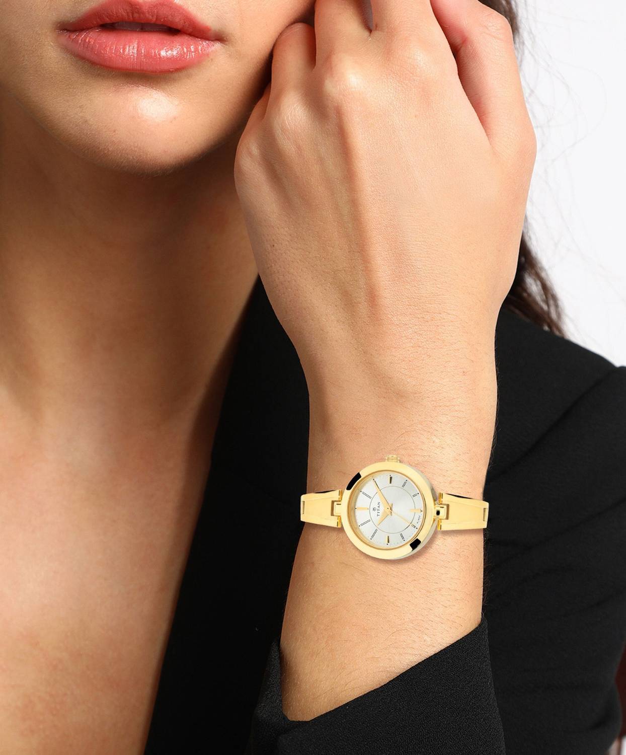 Titan Quartz White Dial Gold Metal Strap Analog Watch - Women - Image 2