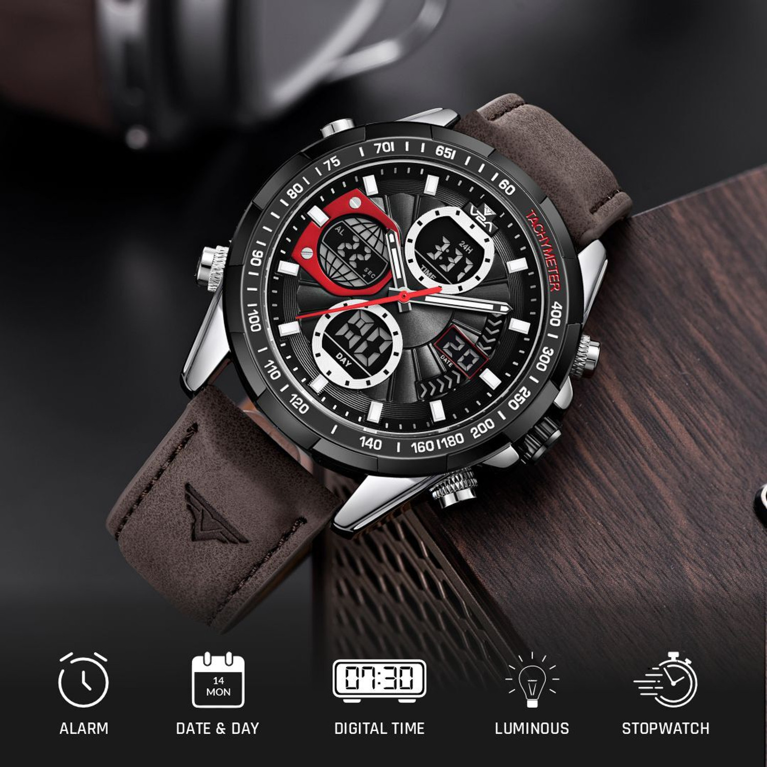 Image of V2A Chronograph Watch for Men 45mm Big Dial Multifunctional 30M Waterproof Analog-Digital Watch - For Men 8004