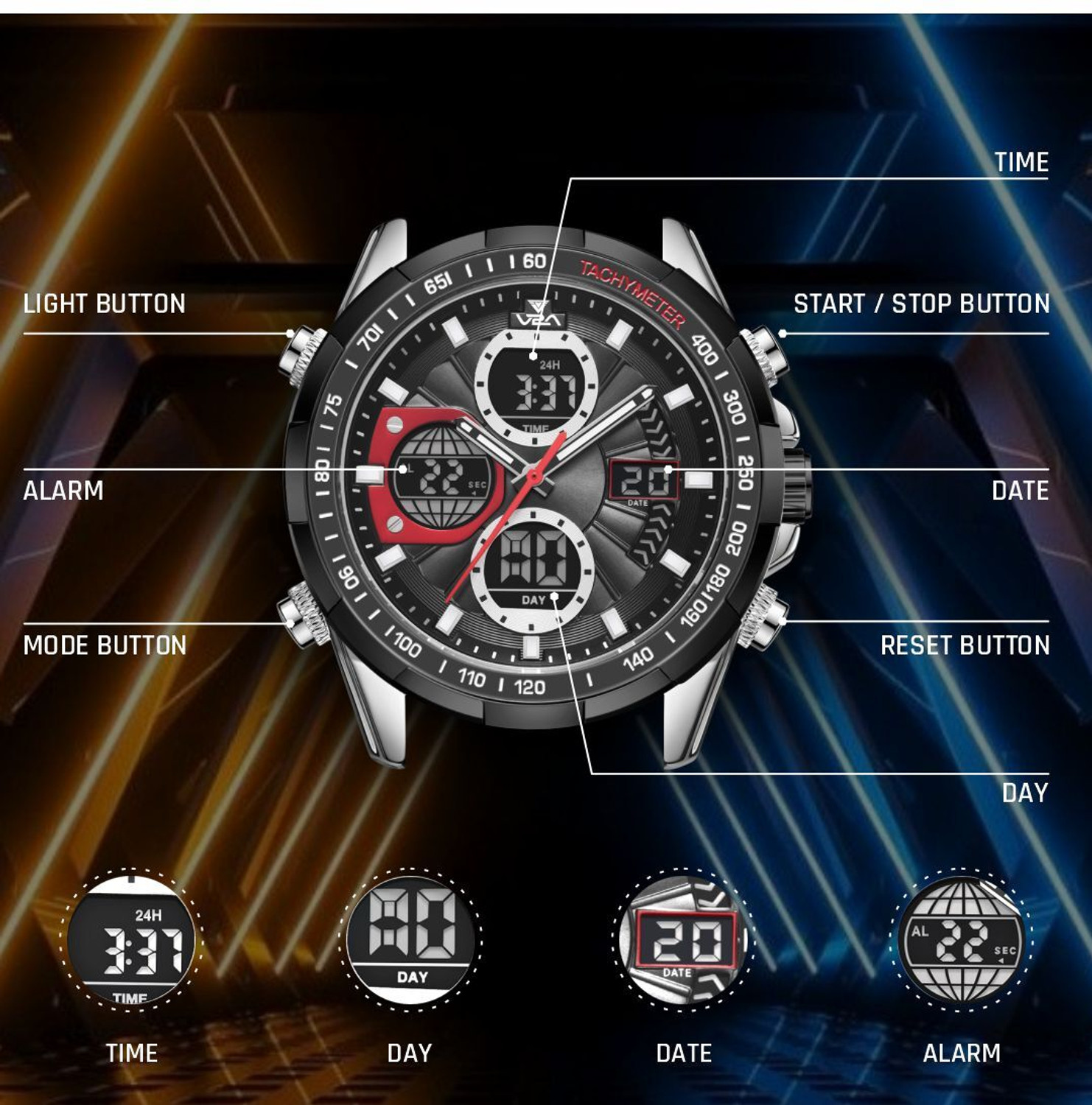 Image of V2A Chronograph Watch for Men 45mm Big Dial Multifunctional 30M Waterproof Analog-Digital Watch - For Men 8004