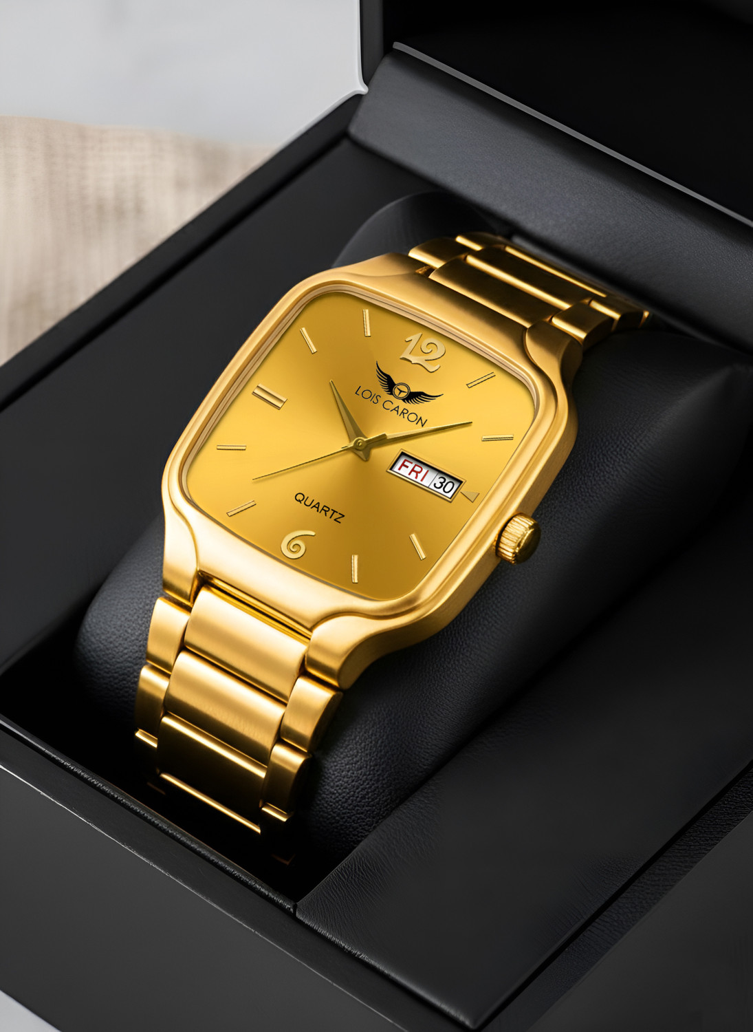 Image of LOIS CARON LCS-8636 Day & Date Classic Elegant Gold Square Dial Quartz Stylish Formal Timepiece Analog Watch - For Men