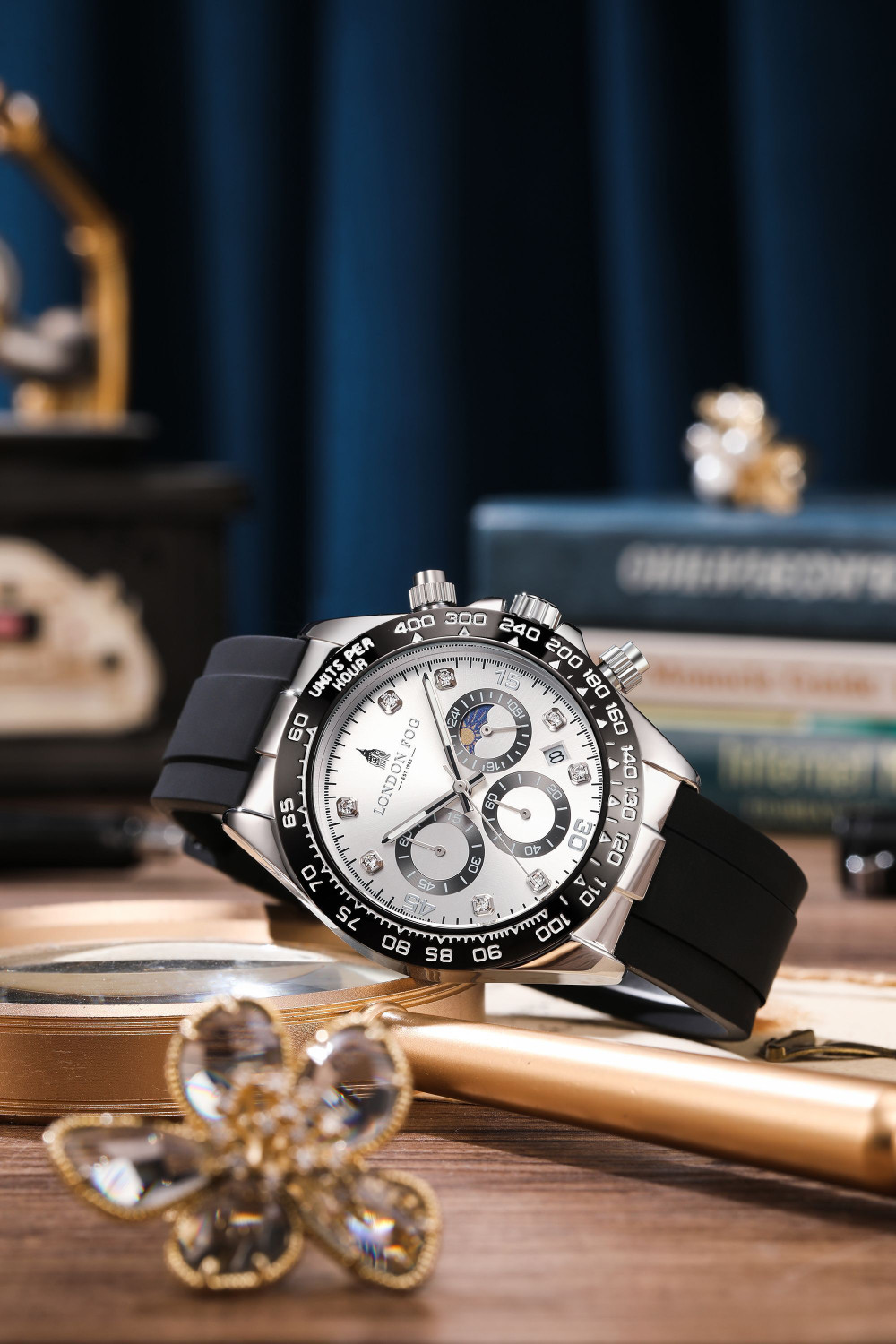 Image of London Fog Silver Dial Black SiliconeStrap Metal Case Tachymeter Bezel Chronograph Function Bond Collection Silver Dial Silicone Strap Tachymeter Bezel Chronograph Function Analog Watch - For Men