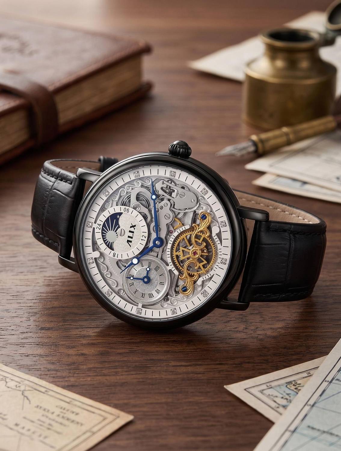 Alix AL2905 Automatic Skeleton Black strap with Black case shopisticated Analog Watch - For Men