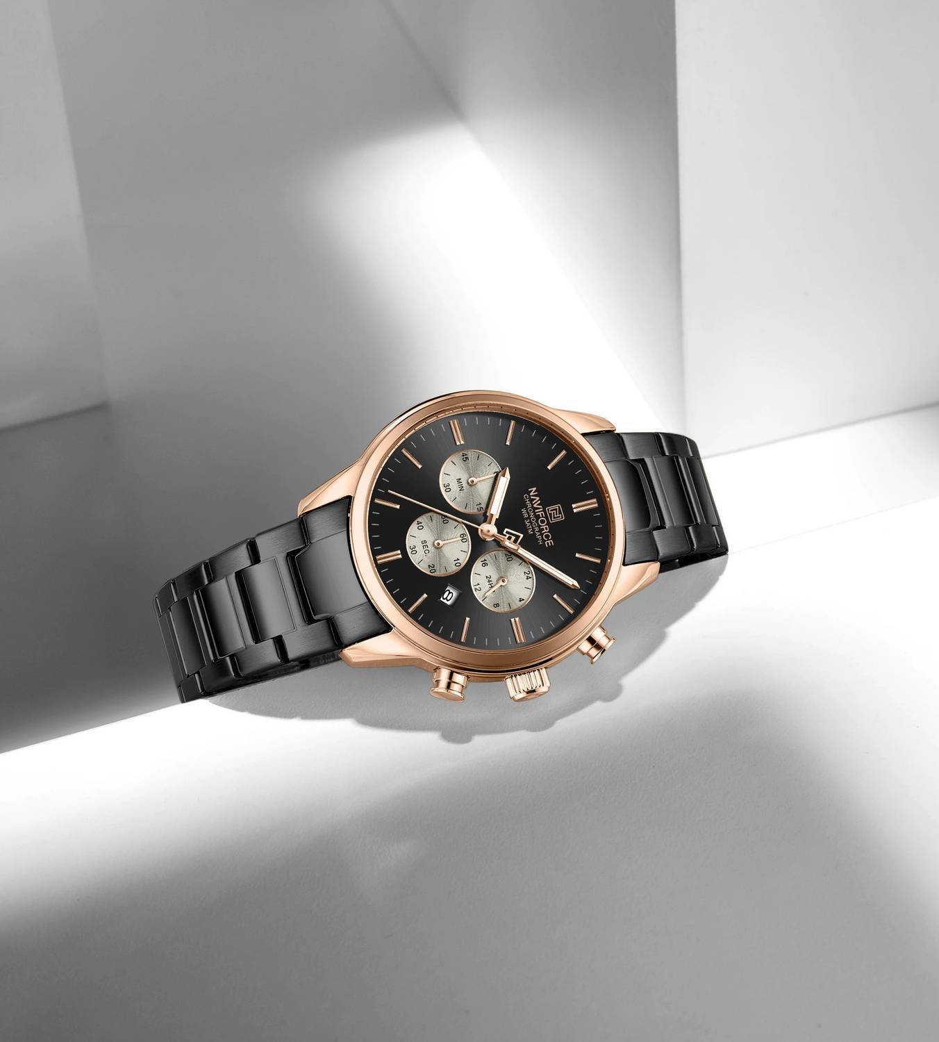 NAVIFORCE NF8076 Classic Black-Rosegold Multifunctional Date
