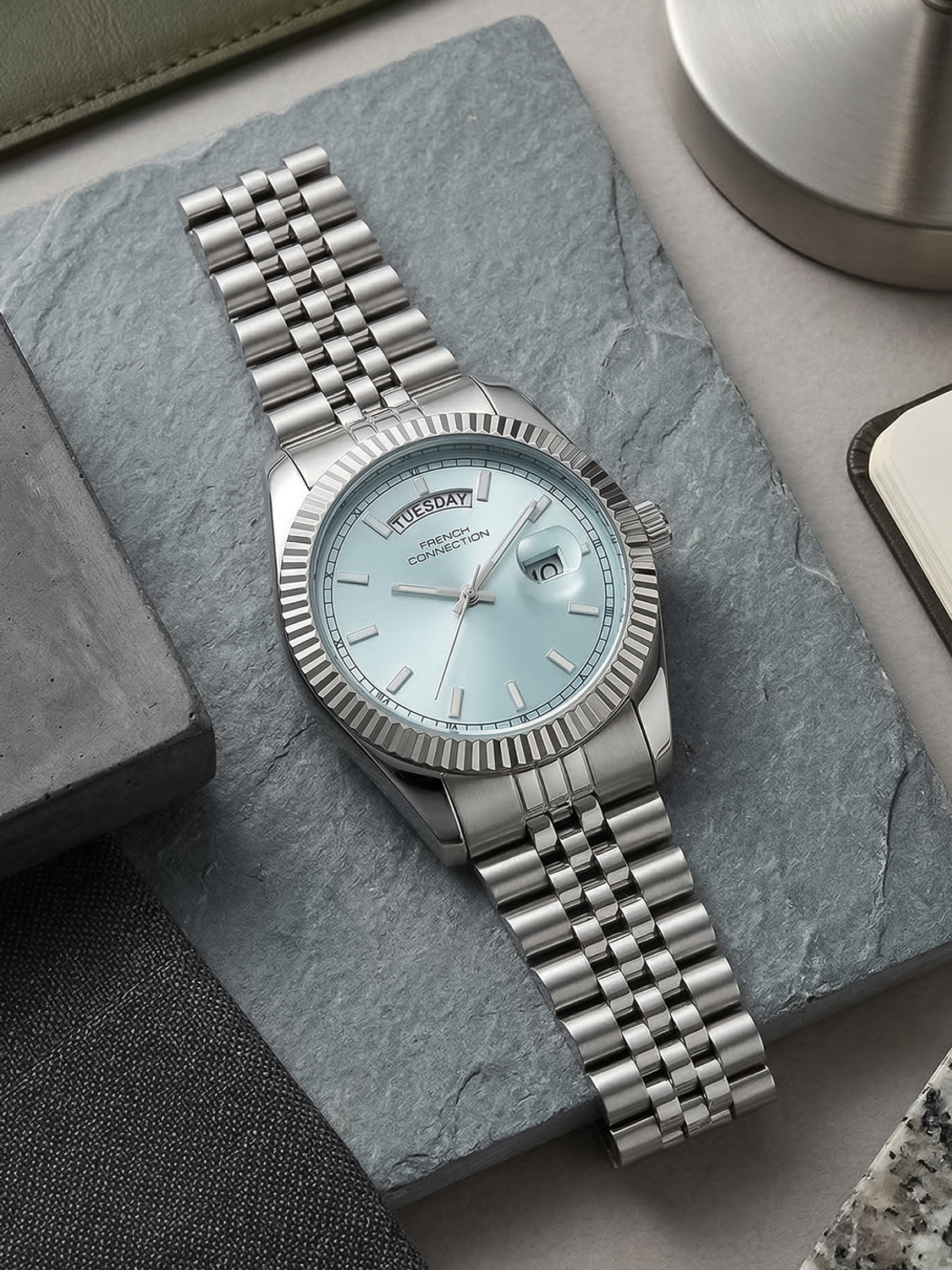 Image of French Connection Light Blue Day and Date Modern Dial | Silver Stainless Steel Watch for Men Analog Watch - For Men