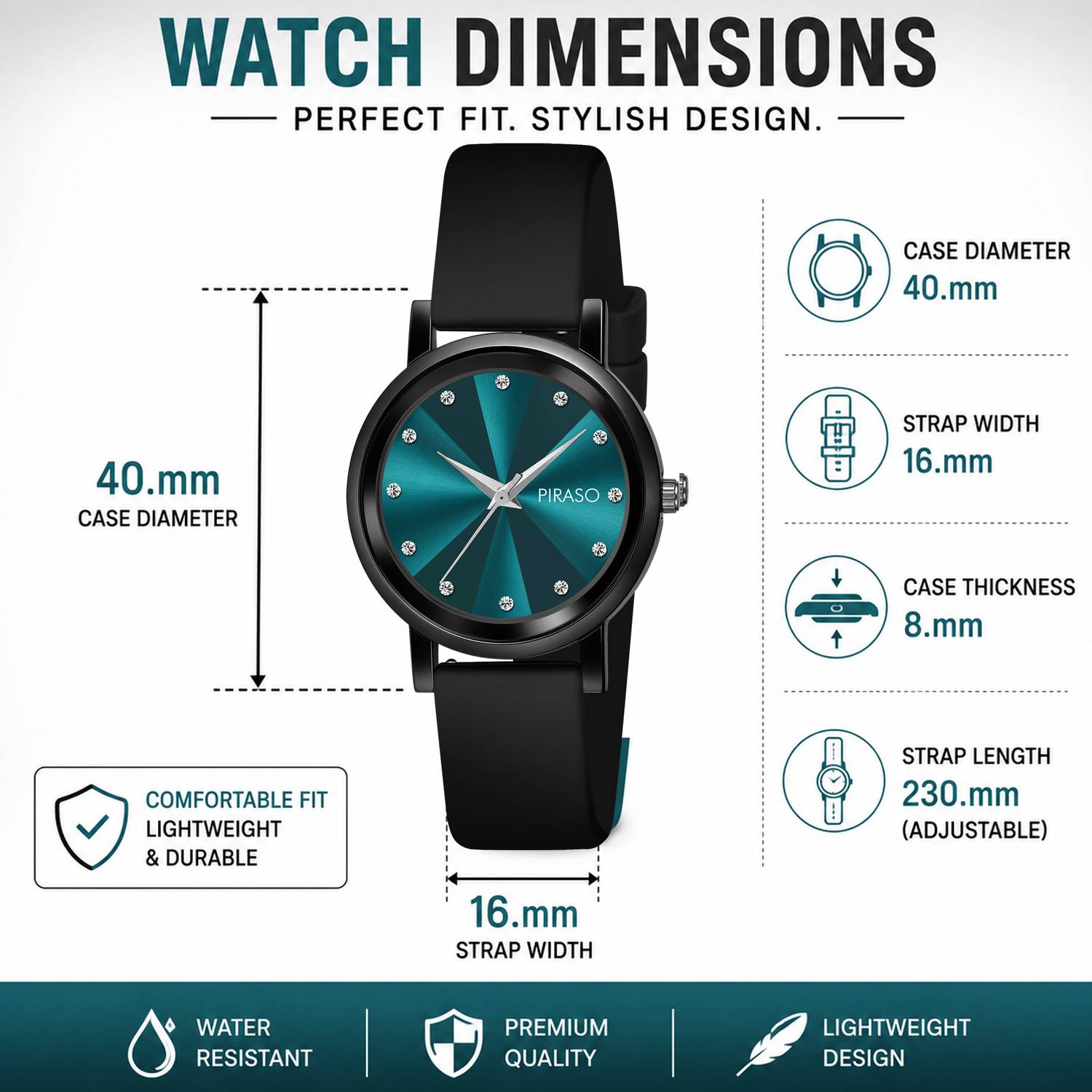 Piraso 2052 Turquoise Black Silicone Strap Women's Analog Watch - Image 4