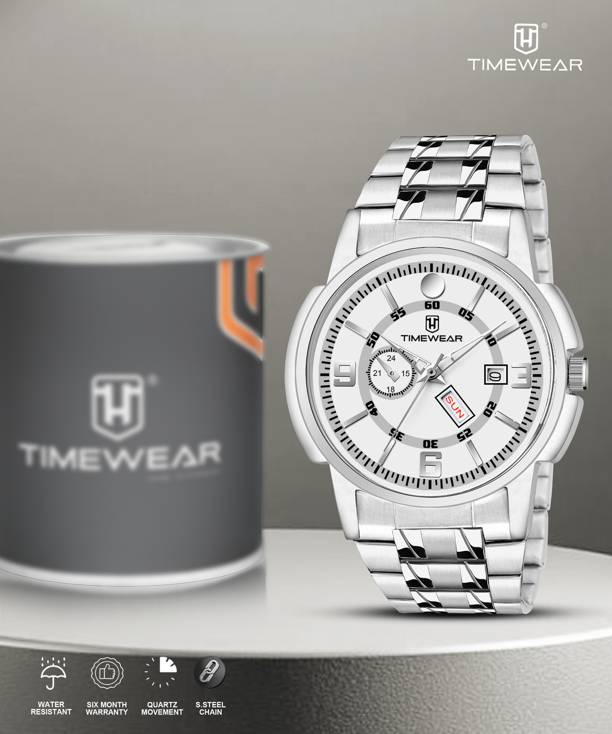 Image of TIMEWEAR 341WDTG White Dial Day Date Functioning Stainless Steel Chain Analog Watch - For Men