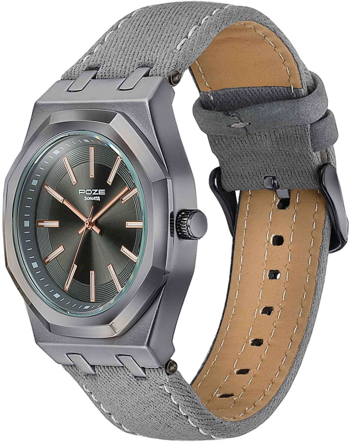 Image of SONATA Poze Drop 9.2 Poze 9 Quartz Grey Dial Grey Denim Strap Strap Analog Watch - For Men