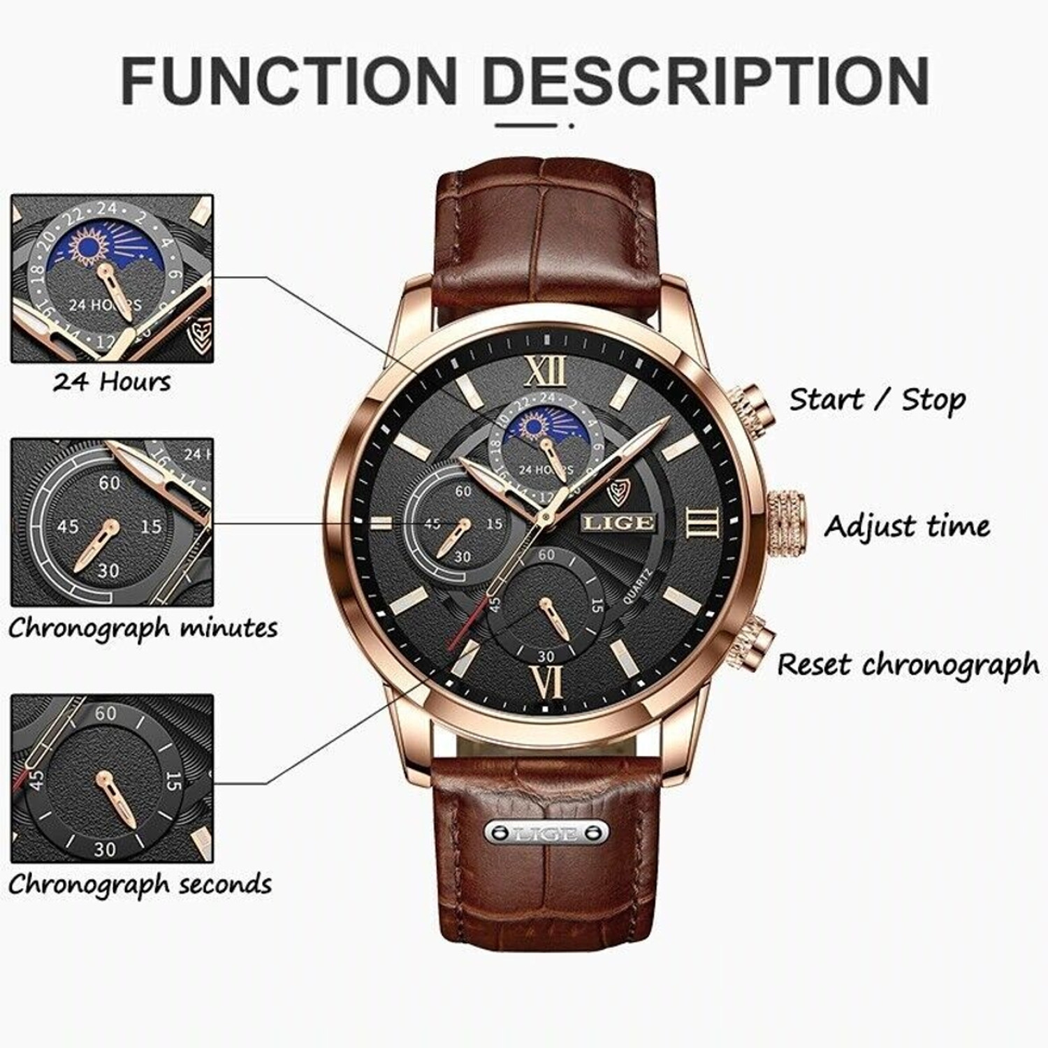 Image of Lige Mens Watch Analog Chronograph Luxury Rose Gold Wrist Watch For Men Analog Watch - For Men