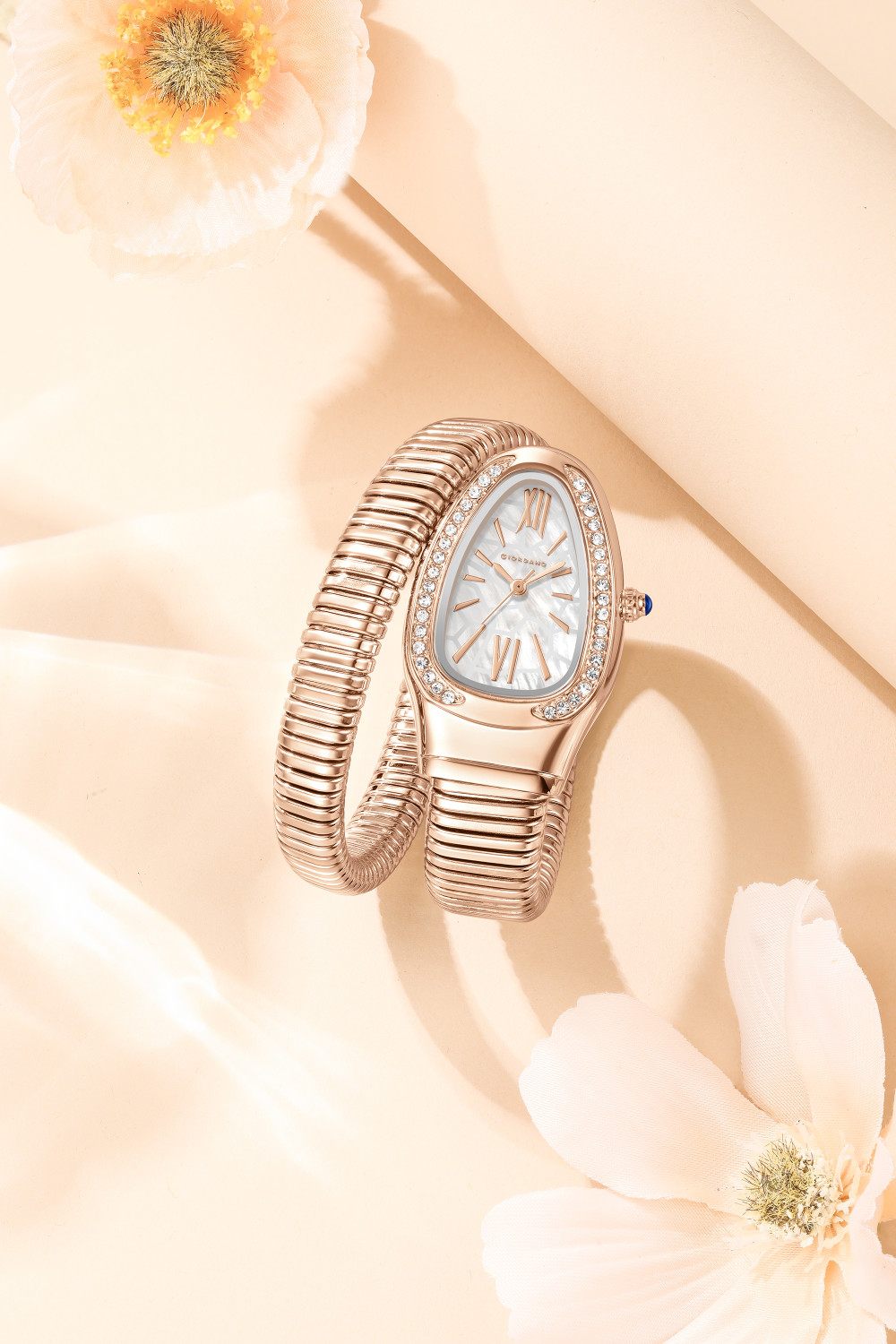 Image of GIORDANO Serpentine Collection White Dial & Snake-Style Wrap-Around Stainless Steel Strap Analog Watch - For Women
